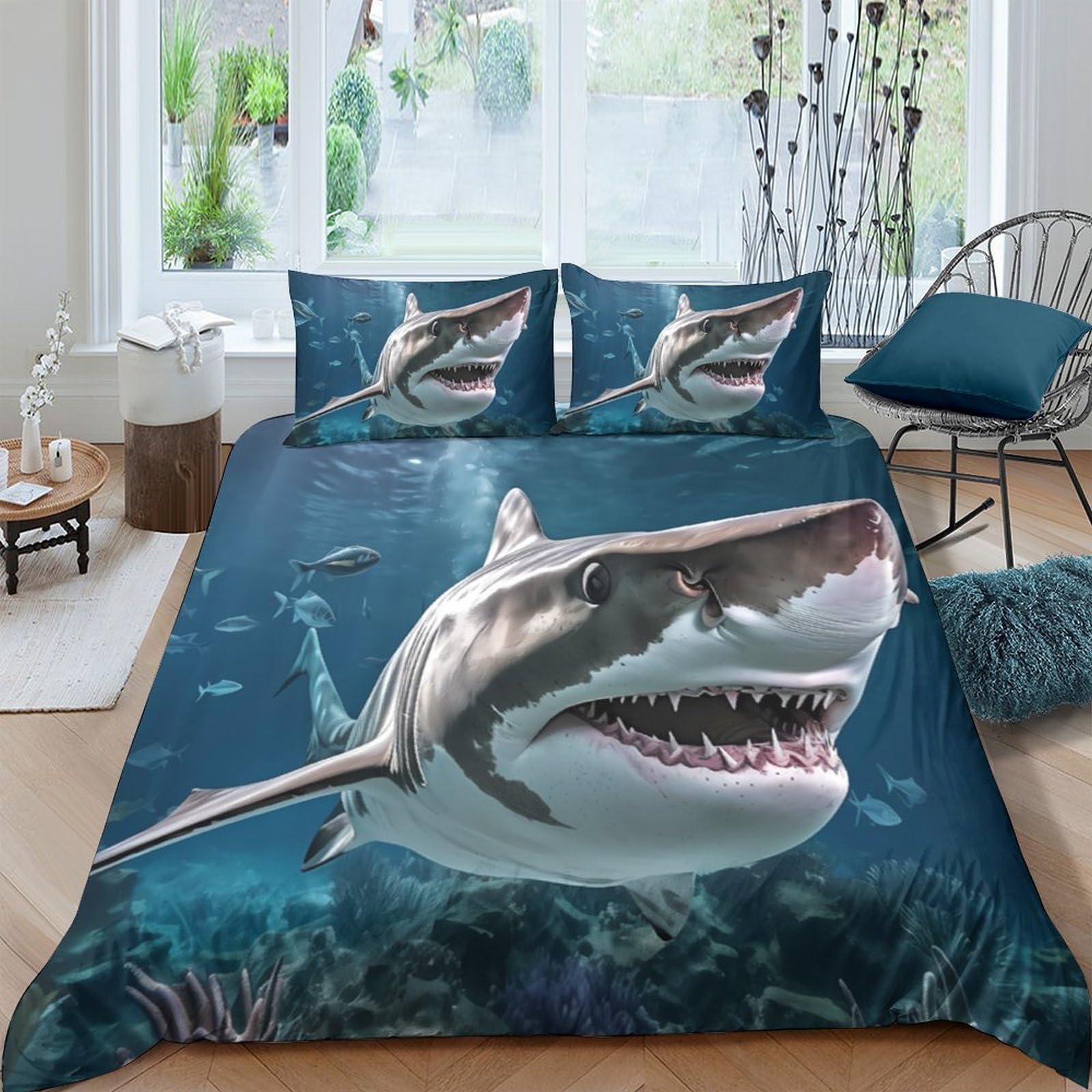 Ctjqhvkz Style-10 3D Printed Shark Ocean Fitted Sheet Microfiber Blue Sea Bed Cover For Bedroom Dorm Protective Decorative Use Single（135X200cm）