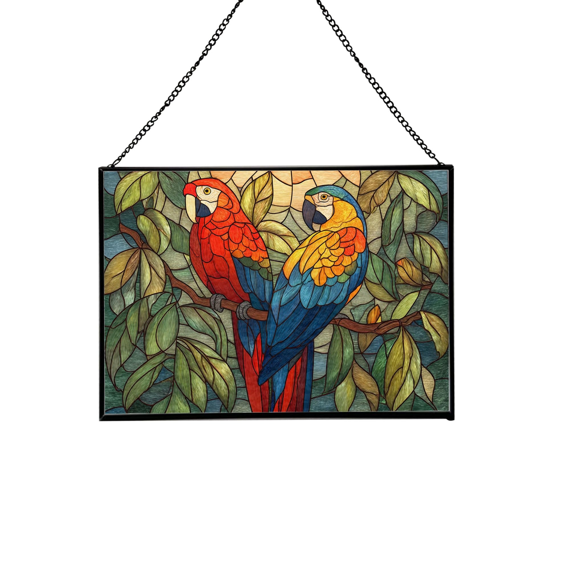 Colorful Parrots in Jungle Canopy Rectangular Stained Glass Suncatcher – Hanging Window Panel with Animal & Nature Scene – Vibrant Glass Art Gift for Wildlife, Fantasy, Nature Lovers sM7YJz