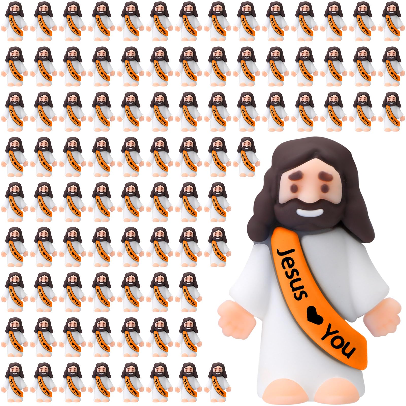 Bememo 100 Pcs Little Jesus Figures Jesus Loves You Original Design Pocket Rubber Little Figures to Hide and Seek Sunday Religious Party Share Easter