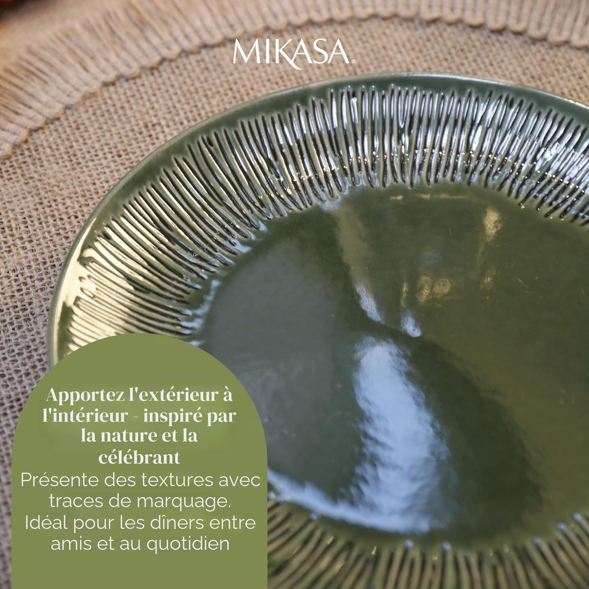 Mikasa Jardin Service de table 12 pièces, service de table en grès pour 4 personnes avec assiettes à dîner, assiettes d'accompagnement et bols, vert - Boite cadeau et lavable au lave-vaisselle