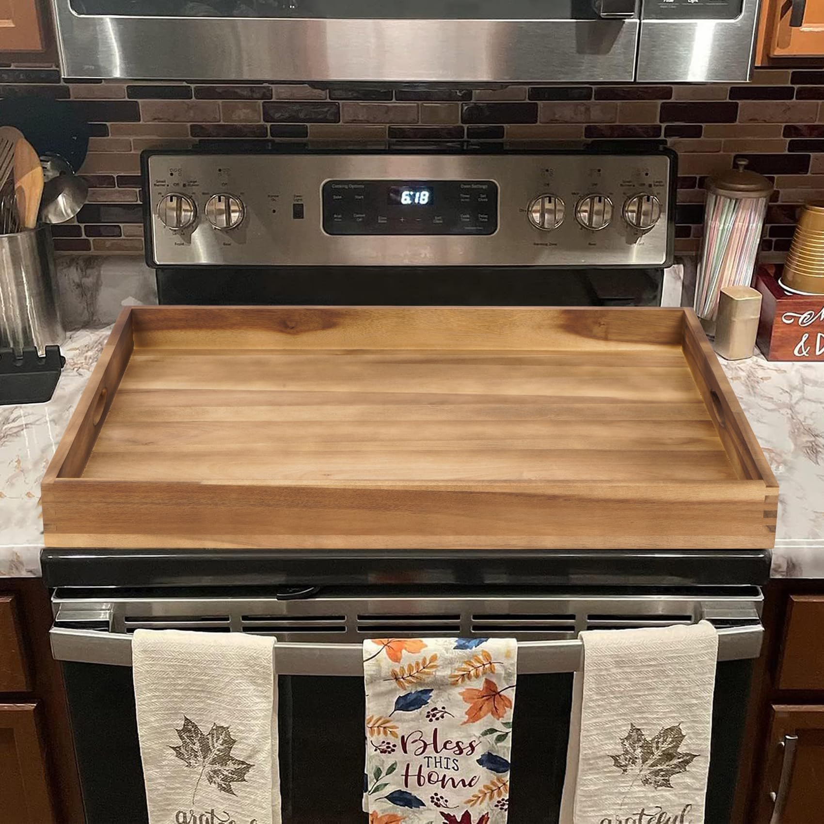 Noodle Board Stove Cover with Handles Acacia Wood Stove Covers for Gas Stove Top Cutting Board for Electric Stove Sink Cover for Counter Space Stove Top Cover Serving Tray