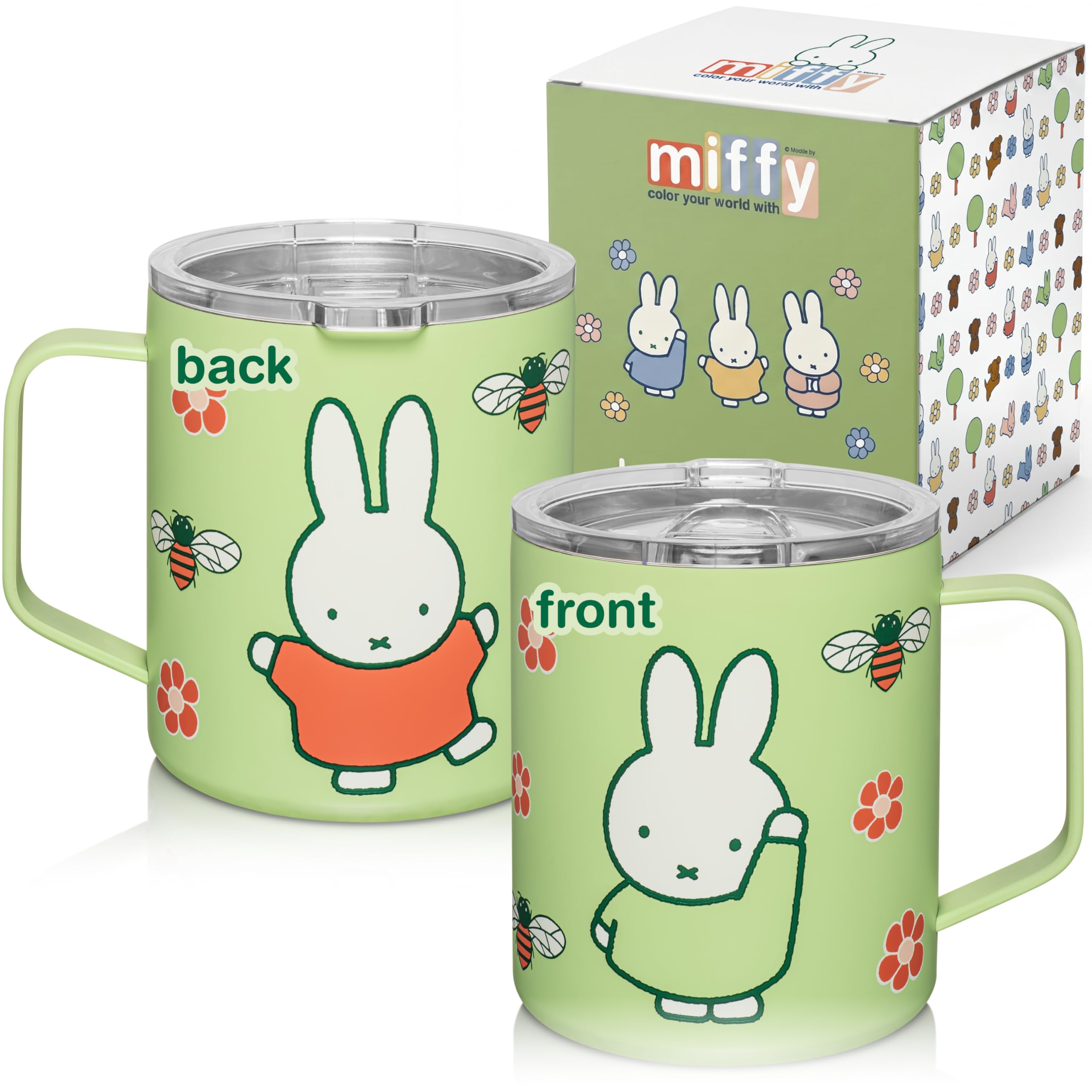 Dragon Glassware | Miffy Stainless Steel Camp Mug with Lid, 12 oz - Green | Nijntje Insulated Camping Mug For Coffee, Tea, Matcha & Hot Beverages; Miffy Mug with Lid Miffy - Green 12 Ounces