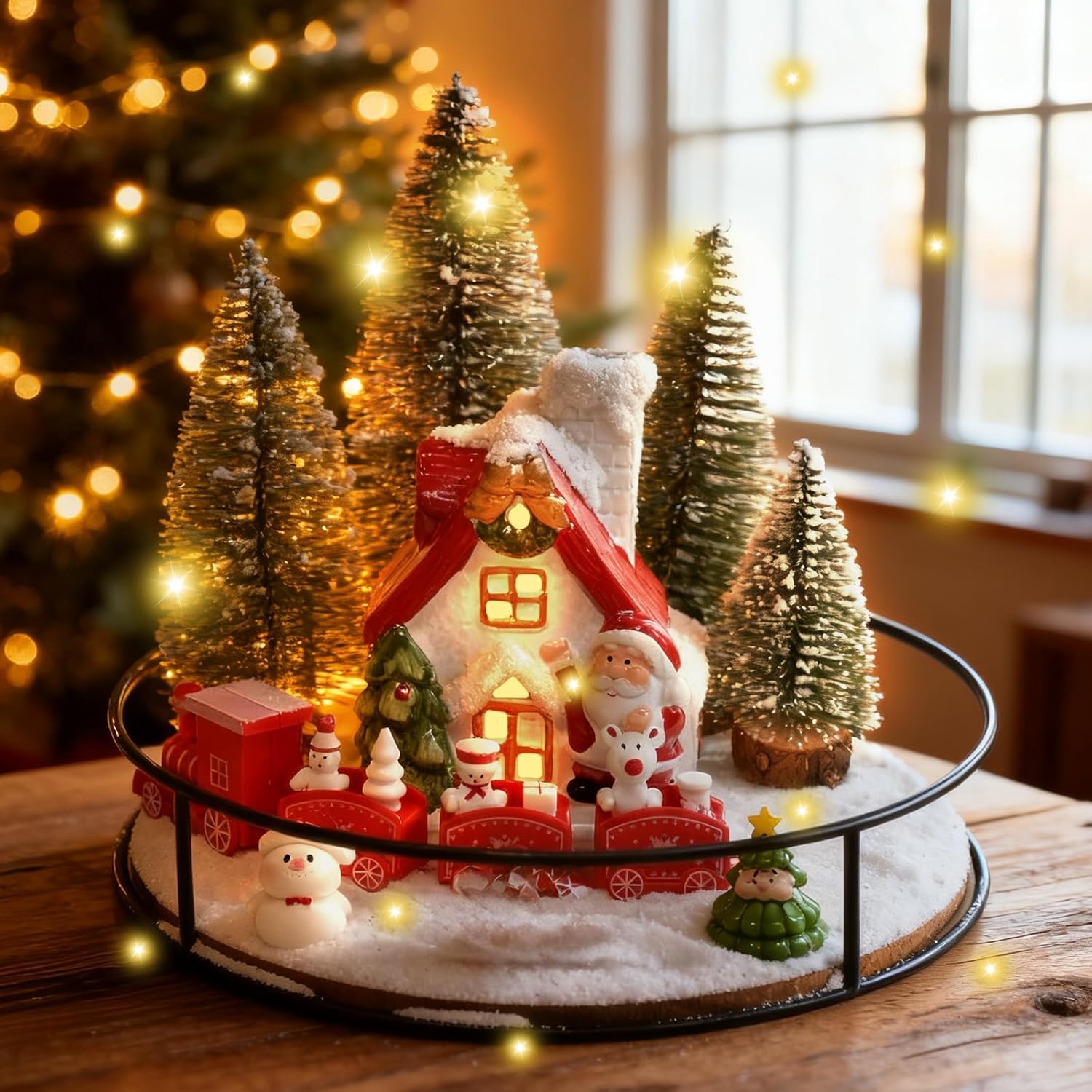 12 Pcs Christmas Village Set, Oak Wooden Lazy Susan for Christmas Table Centerpieces, Xmas House Decorations Set with Winter Ornaments, Santa, Trees, Snowman Holiday Centerpieces