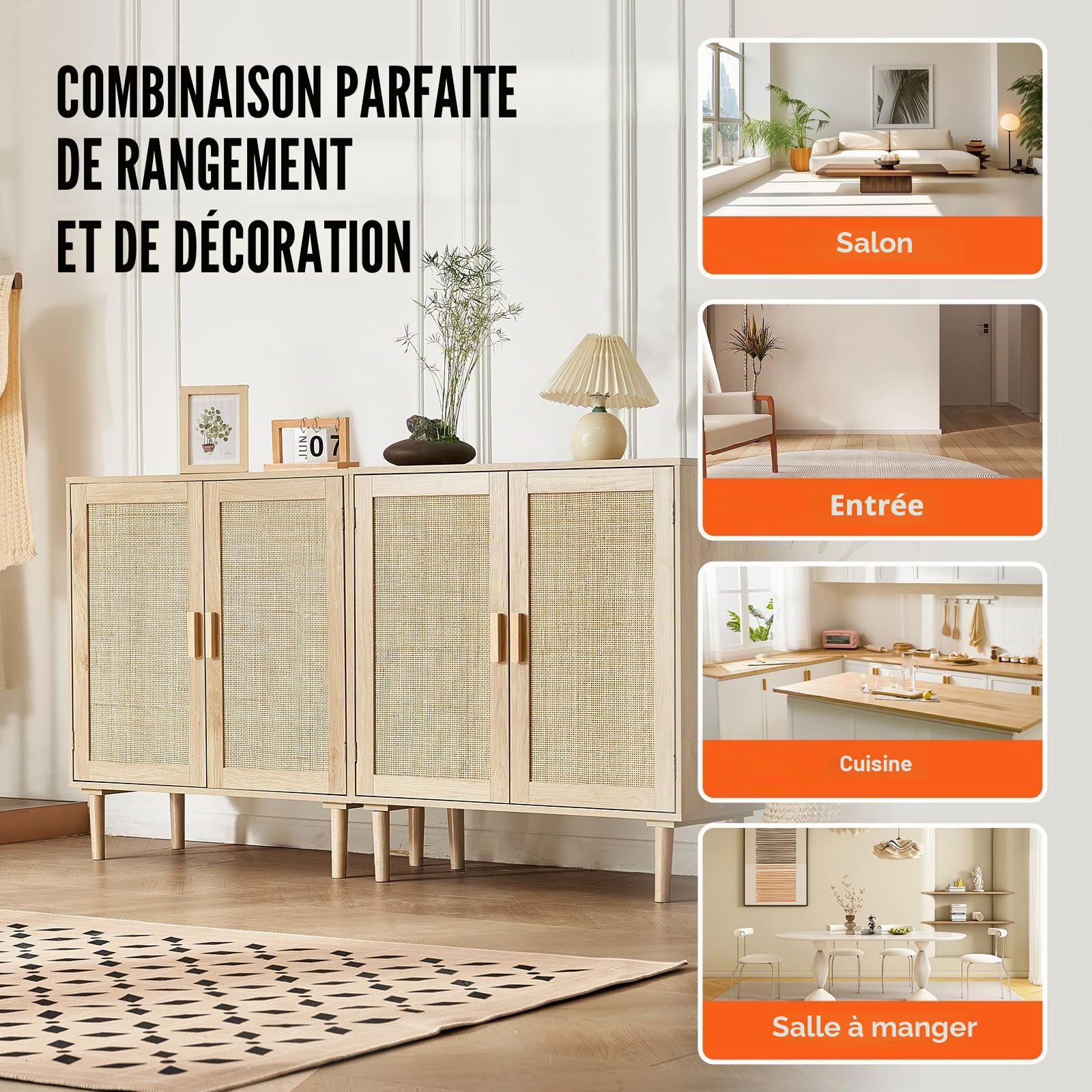 VEVOR Armoire en rotin, Lot de 2, Armoire de Rangement en rotin avec 4 Portes magnétiques et étagères réglables, Commode en rotin Polyvalente, Buffet pour Couloir, entrée, Naturel, 160 x 37,5 x 88 cm