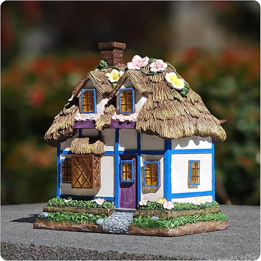 Resin Rustic Fairy Cottage Statues - M-Shaped Thatched Roof Garden Outdoor Decor with Solar Lights, Birthday Gifts for Women Mom Yard Decorations, Gardening Gifts for Patio, Balcony, Porch