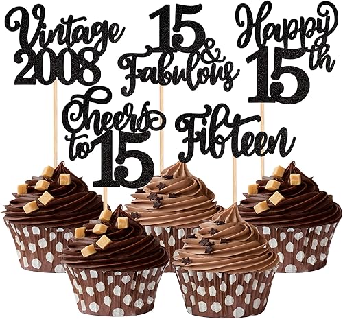 30 piezas de decoración para cupcakes con purpurina de 15 años con purpurina, 15 fabulosas decoraciones para tartas para felicitaciones a 15 años,