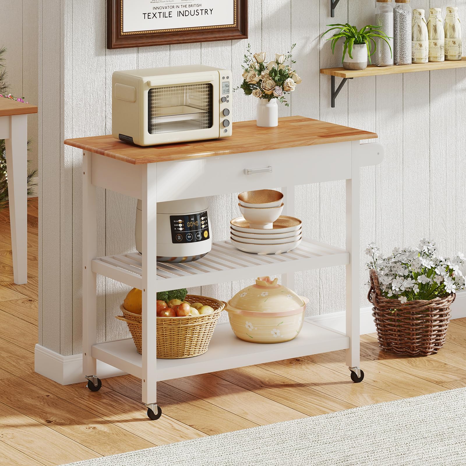 COSTWAY Isla de Cocina con 4 Ruedas, Carrito Auxiliar de 3 Niveles con Encimera de Madera, Cajón con Asa, 2 Estantes Abiertos, Toallero Lateral, Carro de Servicio para Comedor, 106x50x89 cm (Blanco)