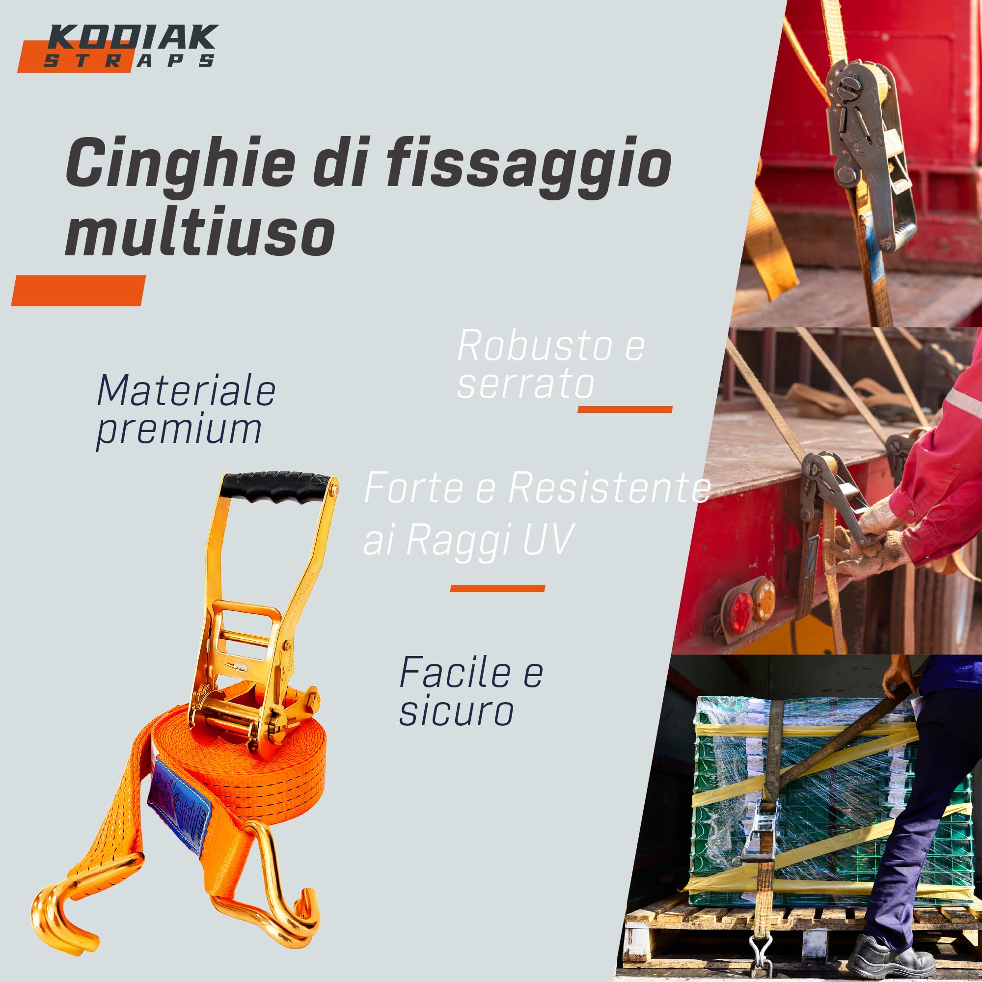 4 Cinghie di Tensione 8m x 4000kg con Cricchetto e Ganci - Cinghie a Cricchetto da 50mm - Cinghia Arancione per la Sicurezza del Carico - Certificato TÜV/GS e secondo DIN EN 12195-2 - KODIAK STRAPS