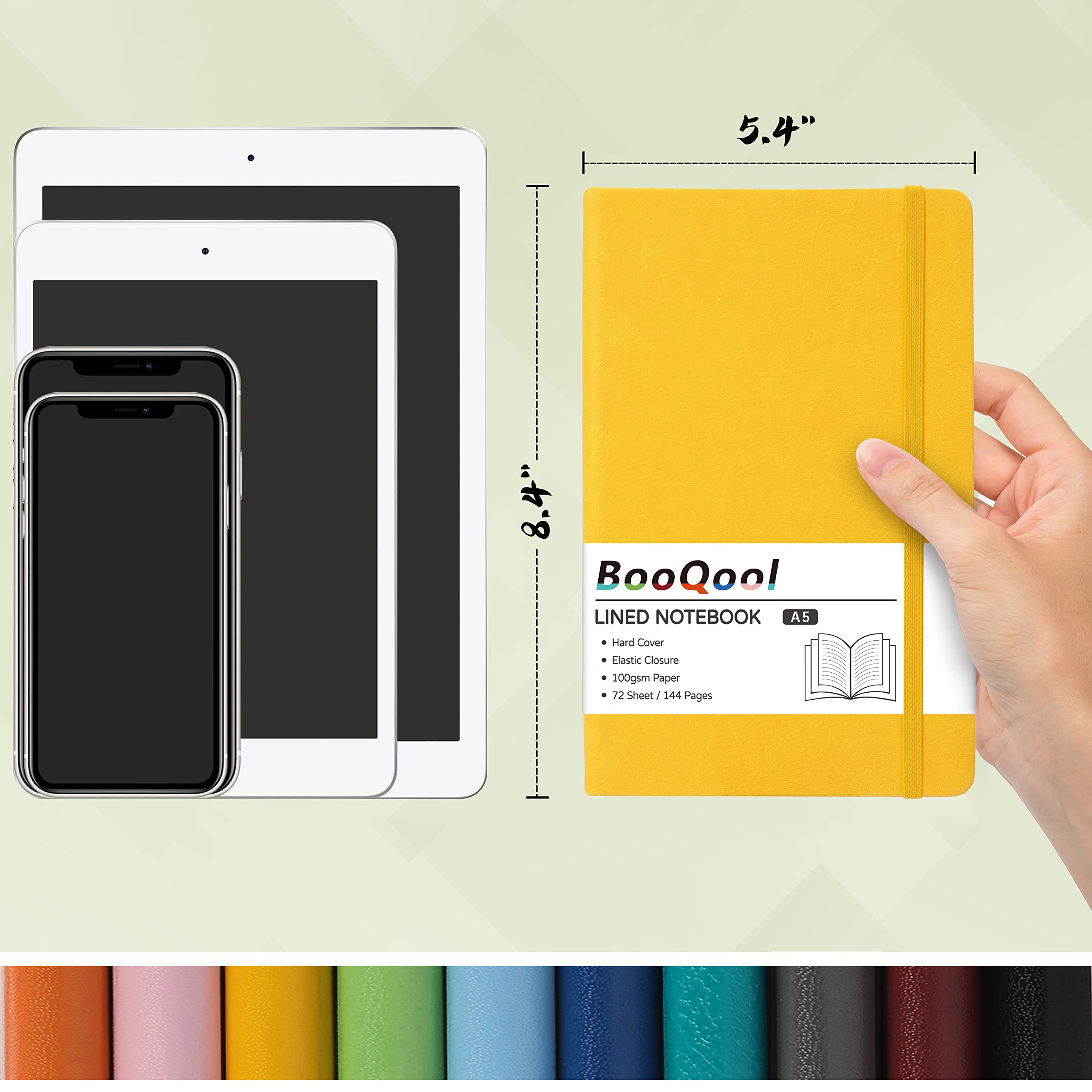 A5 Notebook - Notebook A5 with Premium Paper, Faux Leather Notebook, 5.7" X 8.4", Hardcover, 144 Pages - Yellow - Image 2