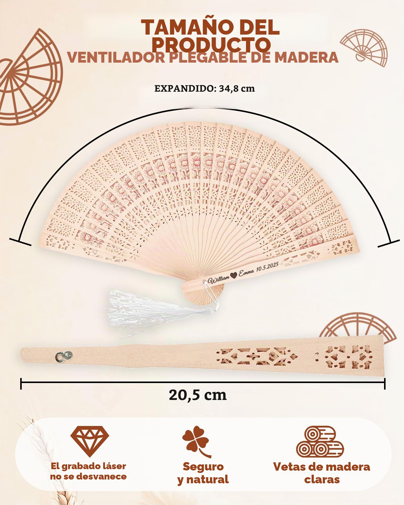 100 Piezas Abanicos Personalizados de Madera de sándalo para Bodas Abanicos Personalizados Plegables con Bolsas de Organza para Fiestas de Bodas (100)
