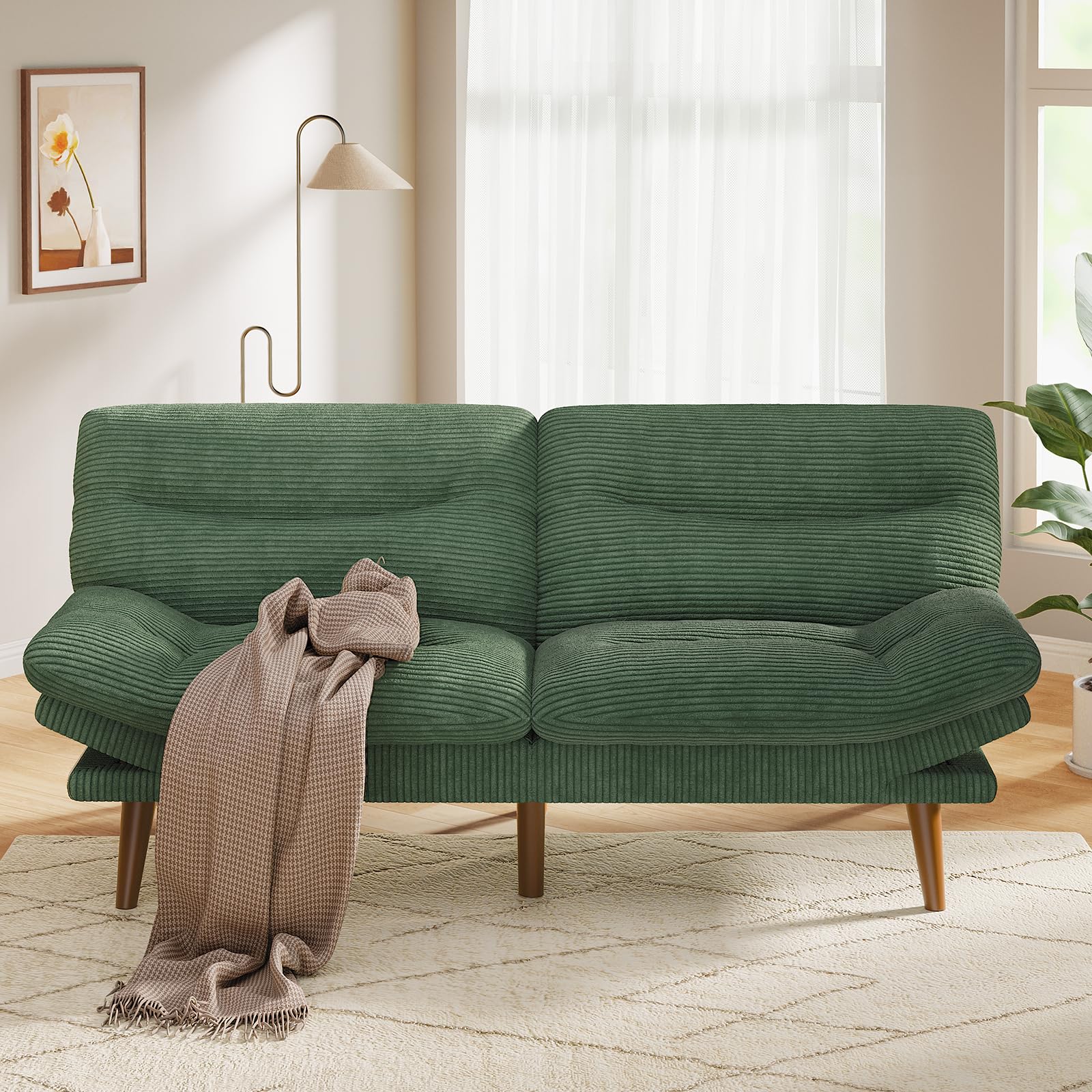 Pipishell 75" Convertible Futon Sofa Bed with Adjustable Armrests, Green | 3-in-1 Sofa, Recliner and Bed, 3-Position Adjustable Backrests, 5-Level Adjustable Armrests, Corduroy Fabric, Small Space Use