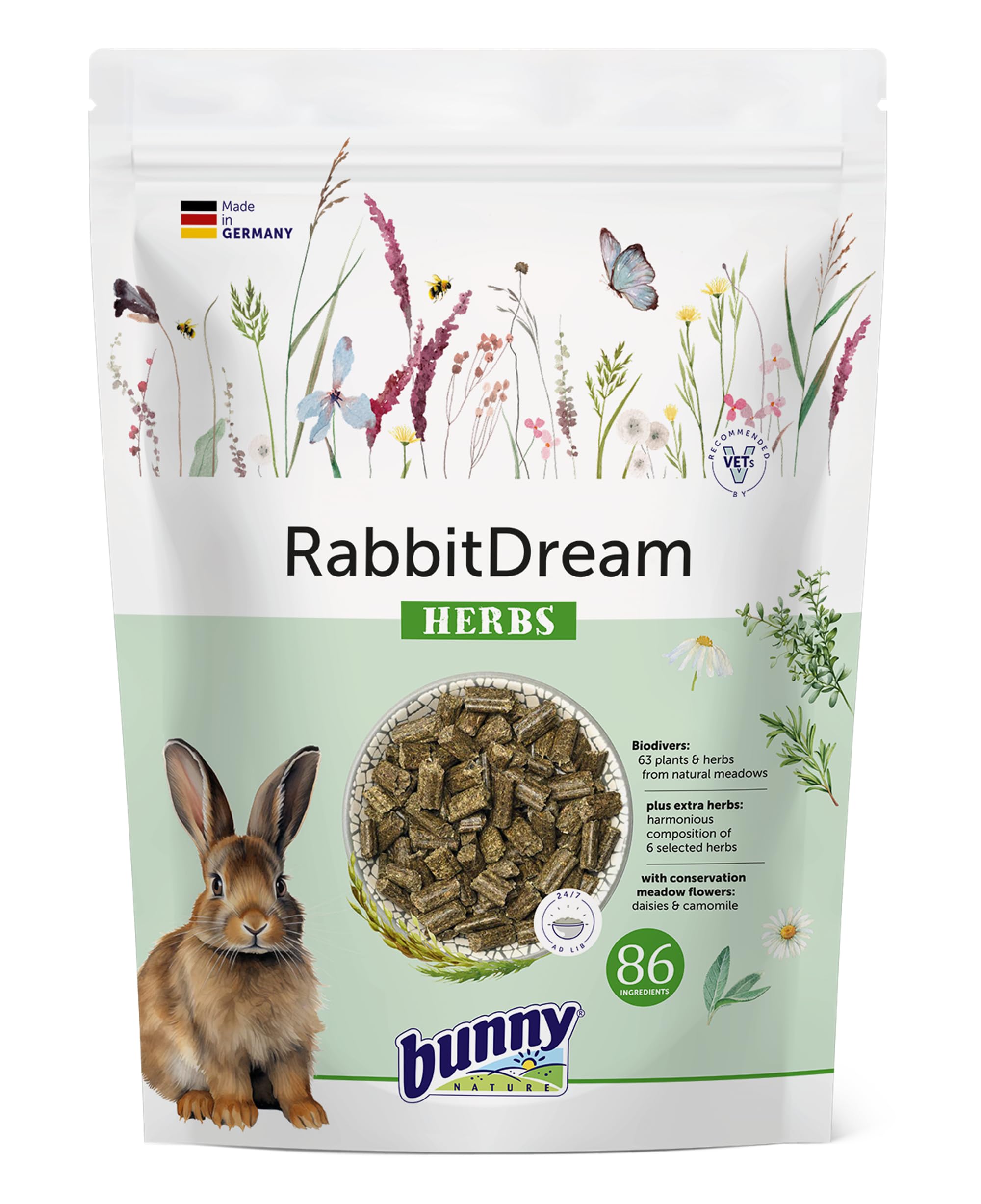 Bunny KaninchenTraum Erbe | 600 g | Alimento completo per conigli nani dai 6 mesi di età | 63 diverse piante ed erbe da prati non trattati | Miscela a 3 fibre