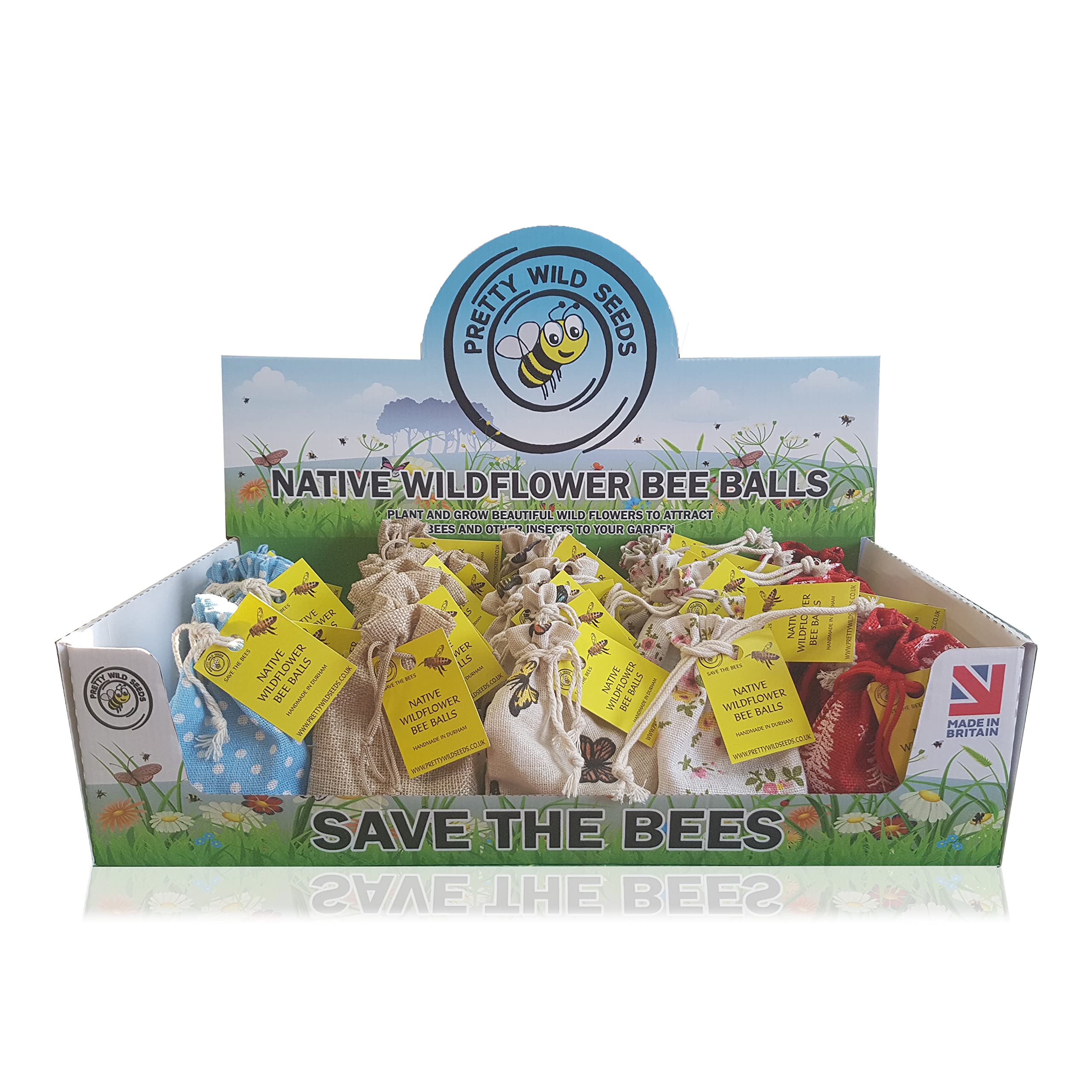 Wholesale BeeBall Pouches in Refillable Point of Sale Unit with 30 Pouches of Wildflower Seed Bomb Balls to Save The Bees & Butterfly