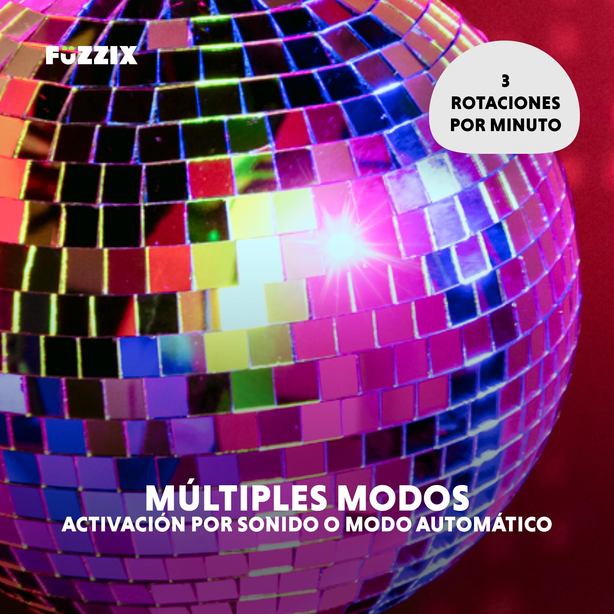 Fuzzix MB20ML Bola de discoteca. Bola de espejos a pilas de 20cm con motor LED giratorio. Bola disco para colgar con LEDs. Ideal para discoteca, bodas, fiestas, cumpleaños, salón de baile.