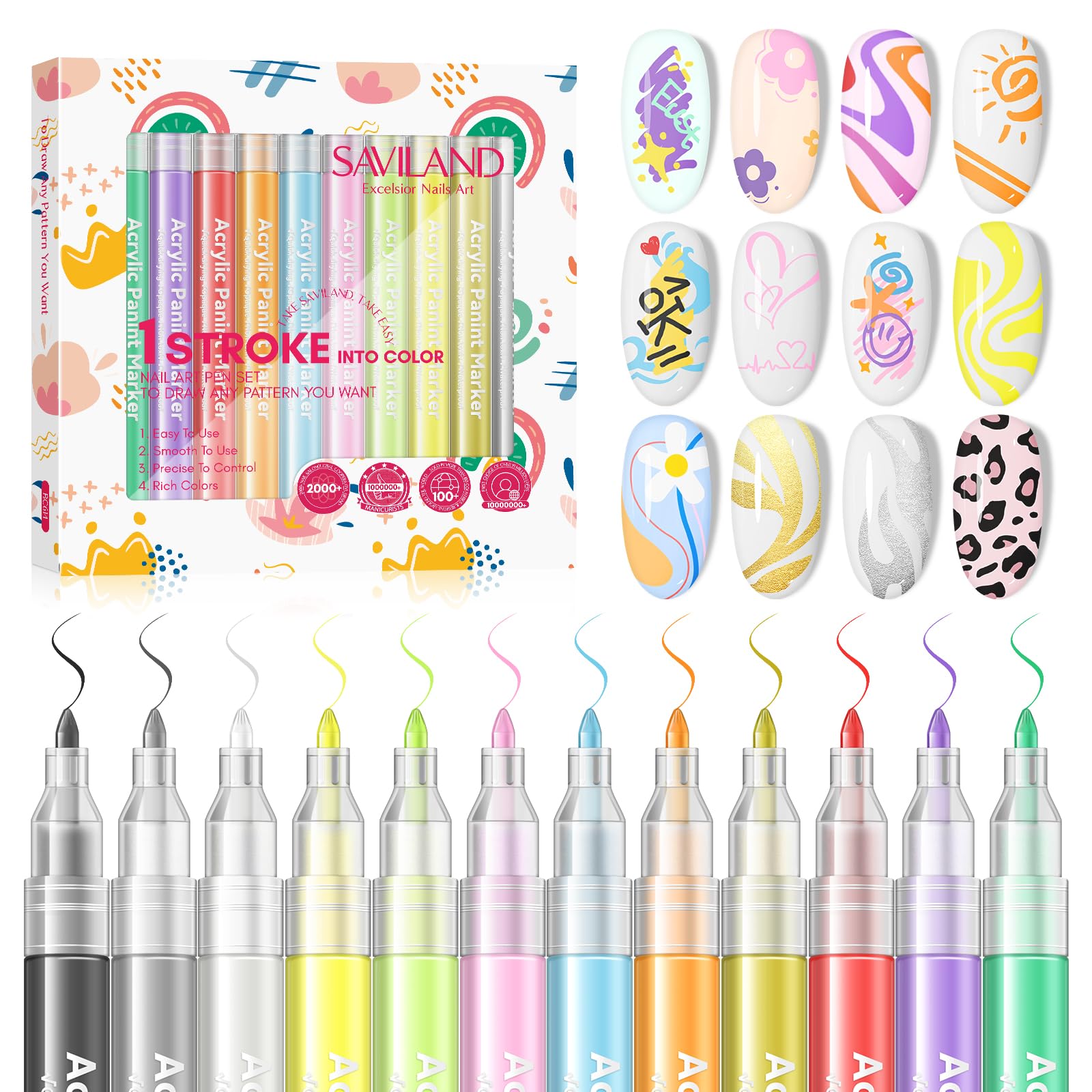 SAVILAND Nail Art Pens - 12 Colors, Fine Tip -12 SAVILAND Nail Art Pens - 12 Colors, Fine Tip -12