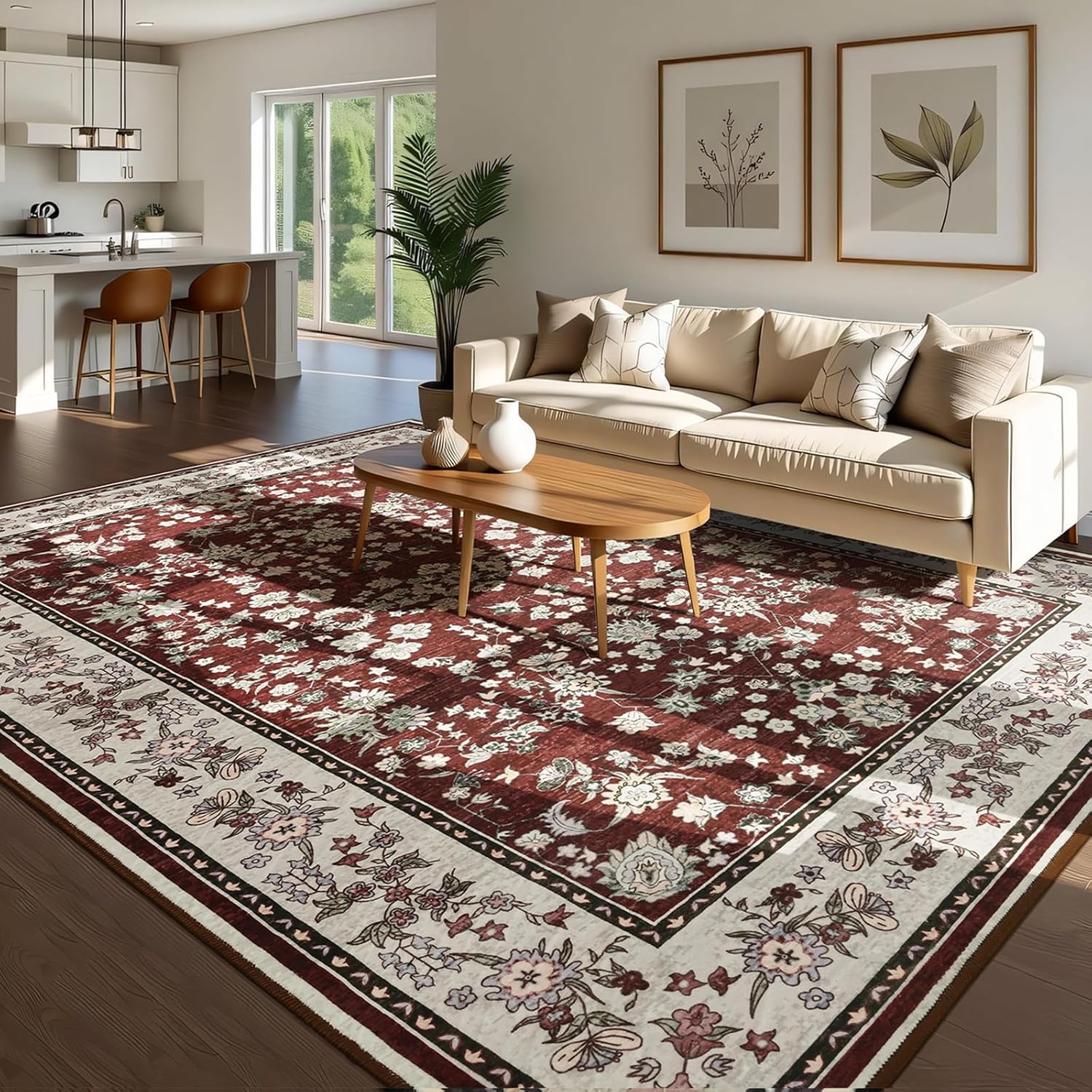 Softlife 4x6 Washable Area Rug for Living Room, Non-Slip Rugs for Bedroom, Small Vintage Indoor Mat Under Dining Table, Oriental Modern Print Carpets for Kids, Maroon and Beige Maroon and Beige 4' x 6' (Rectangular)