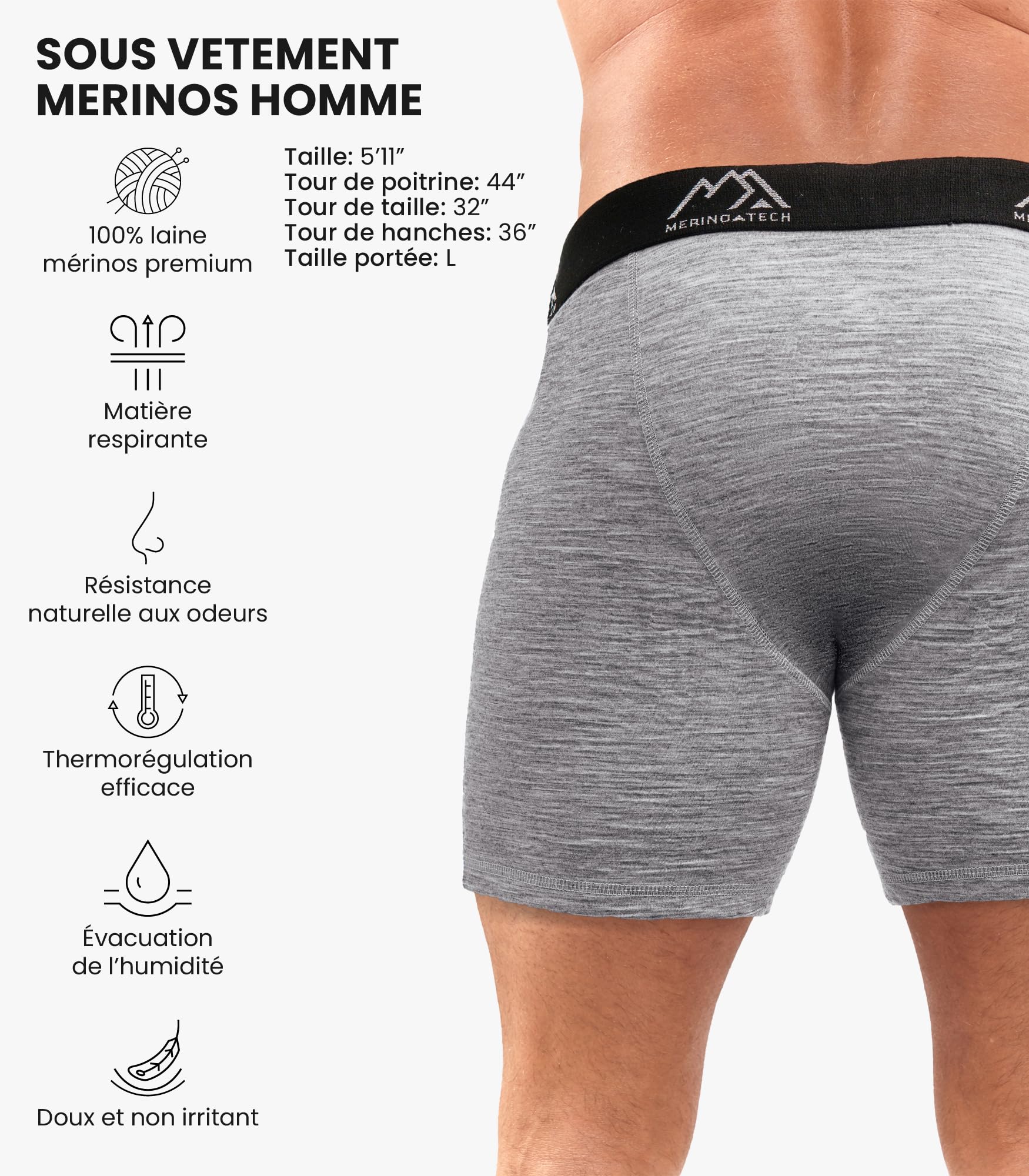 Merino.tech sous Vetement Merinos Homme - Boxer Calson pour Homme 100% Laine Merinos