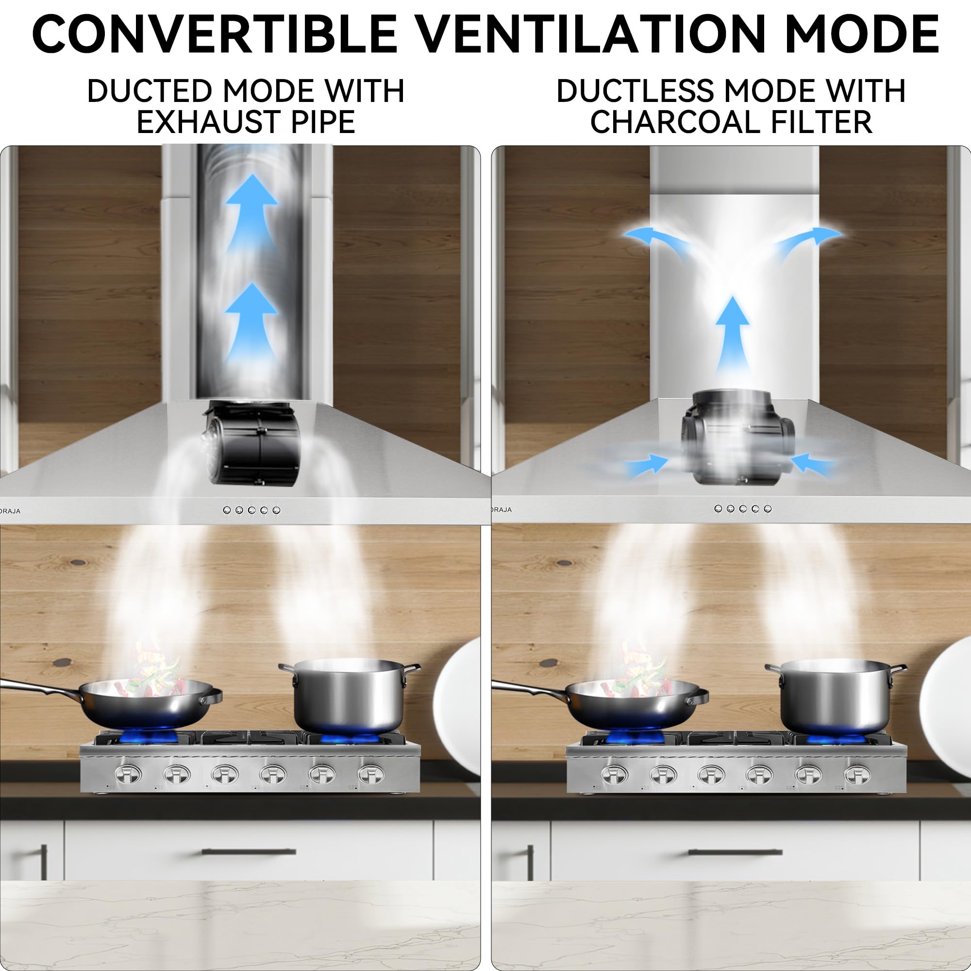 36 Inch Wall Mount Range Hood| 700 CFM Stainless Steel Kitchen Vent Hood| Ducted/Ductless Convertible| 3-Speed Push Button Control| Dishwasher-Safe Filters| LED Strip Light - 4