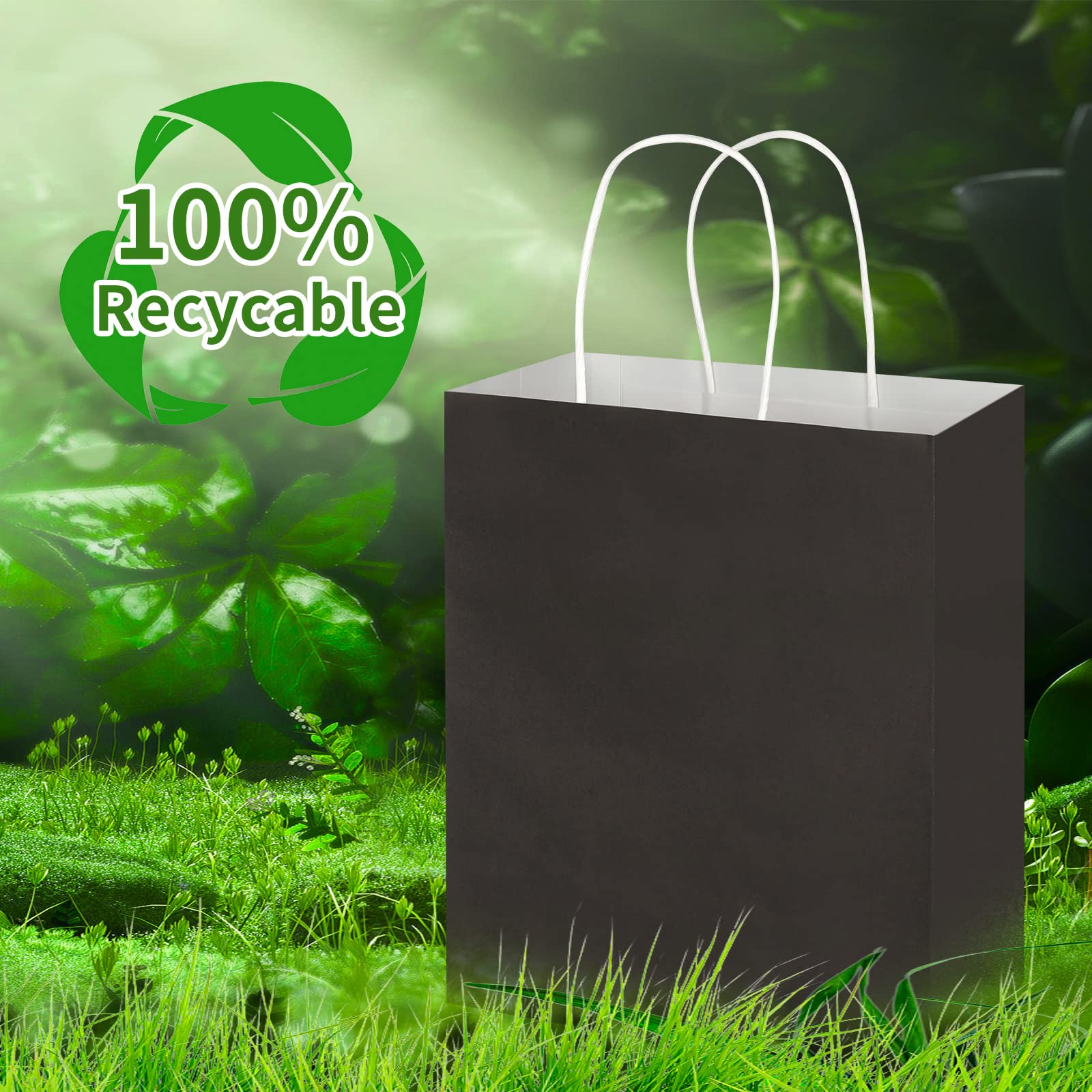 Toovip Paquete de 100 bolsas de papel kraft negras medianas de 8 x 4.75 x 10 pulgadas con asas a granel, bolsas de regalo para recuerdos de comestibles, fiestas al por menor, cumpleaños, compras