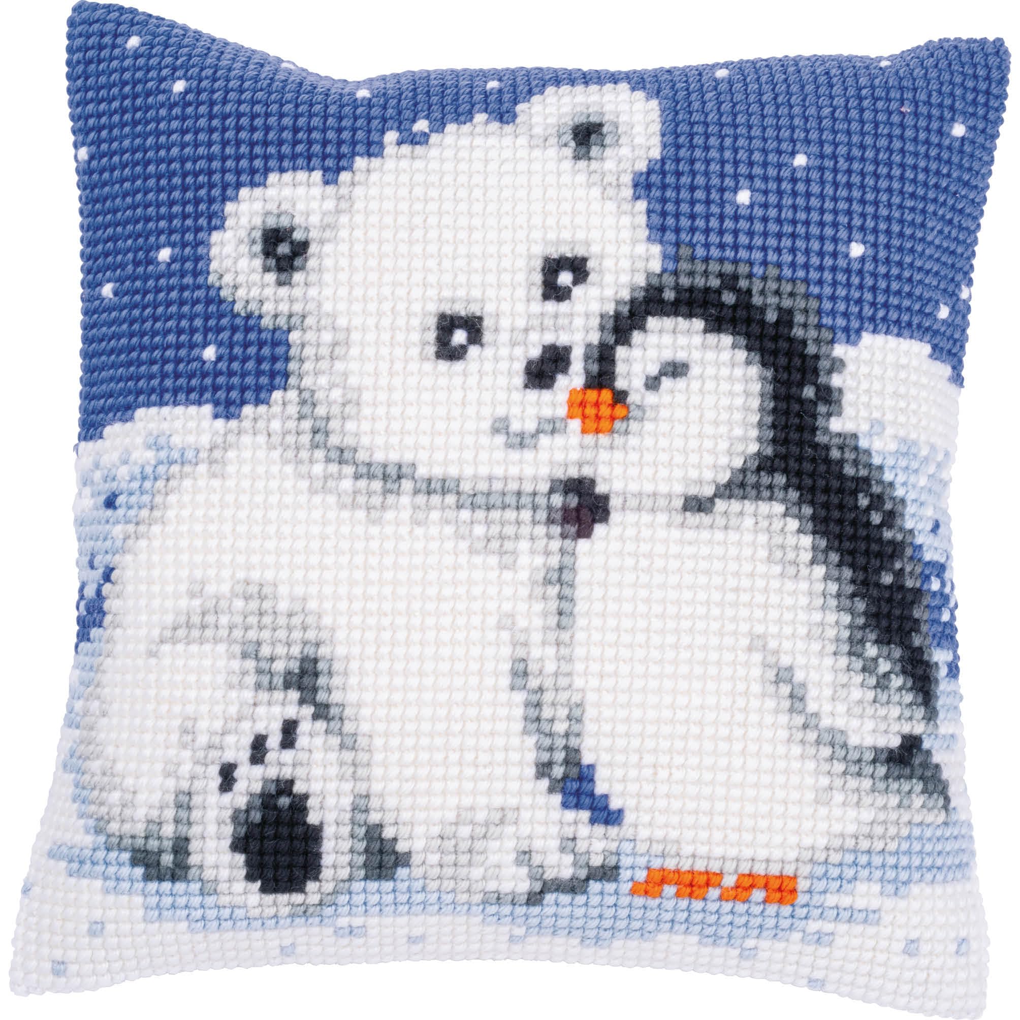 Vervaco Kreuzstich Stickpackungen Kissen Stickerei Set – Anfänger Vorgedruckt Eisbär und Pinguin 40 x 40 cm