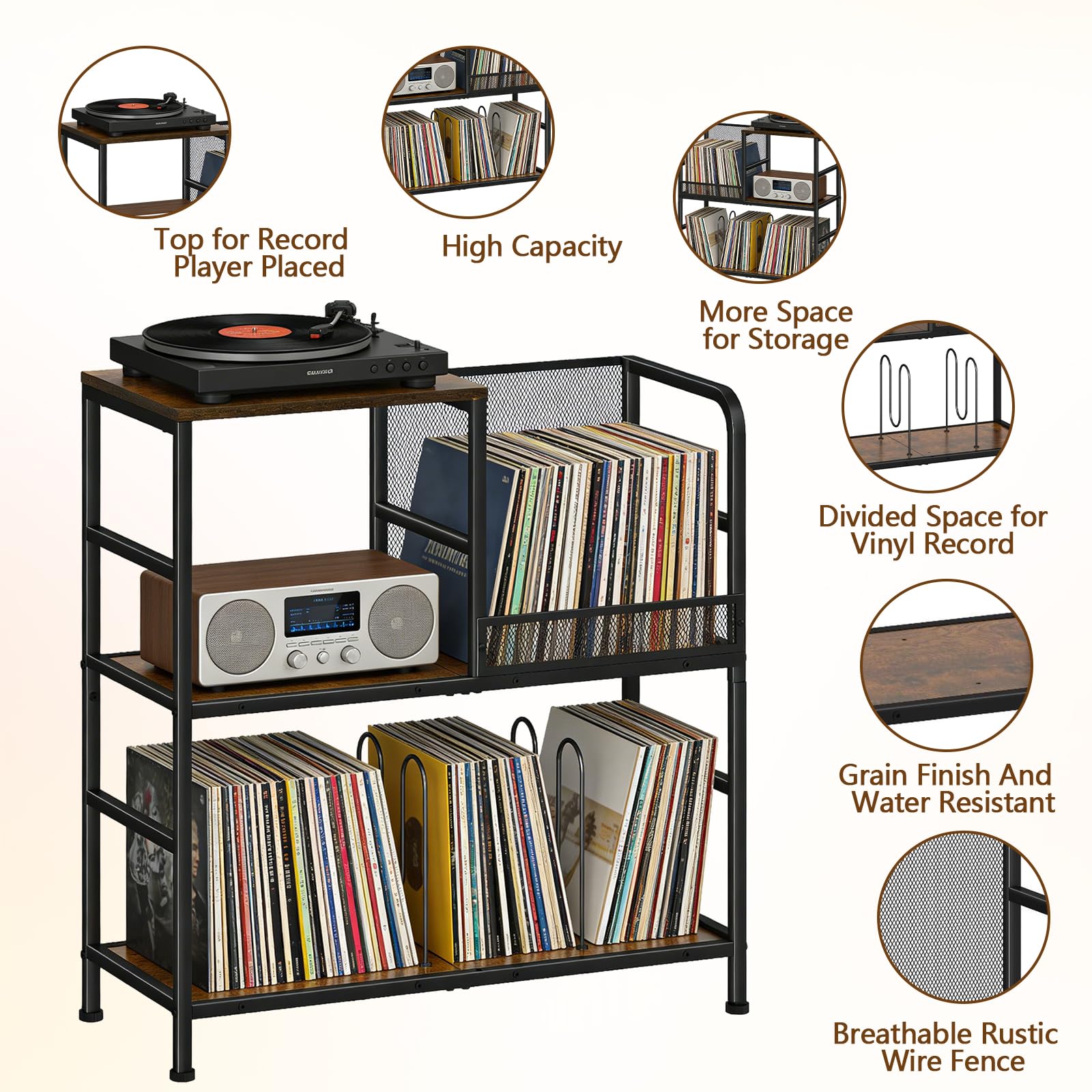 Support de tourne-disque à 3 niveaux - Peut contenir jusqu'à 150 albums - 72,9 x 76,7 x 30 cm - Rustique - Pour salon, chambre à coucher et magazines