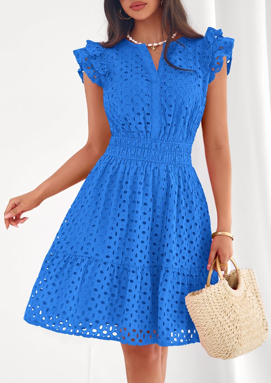 PRETTYGARDEN Women's 2026 Summer Sundresses Eyelet Cap Sleeve V Neck Short Boho Wedding Guest Dress Beach Vacation Clothes - Image 8