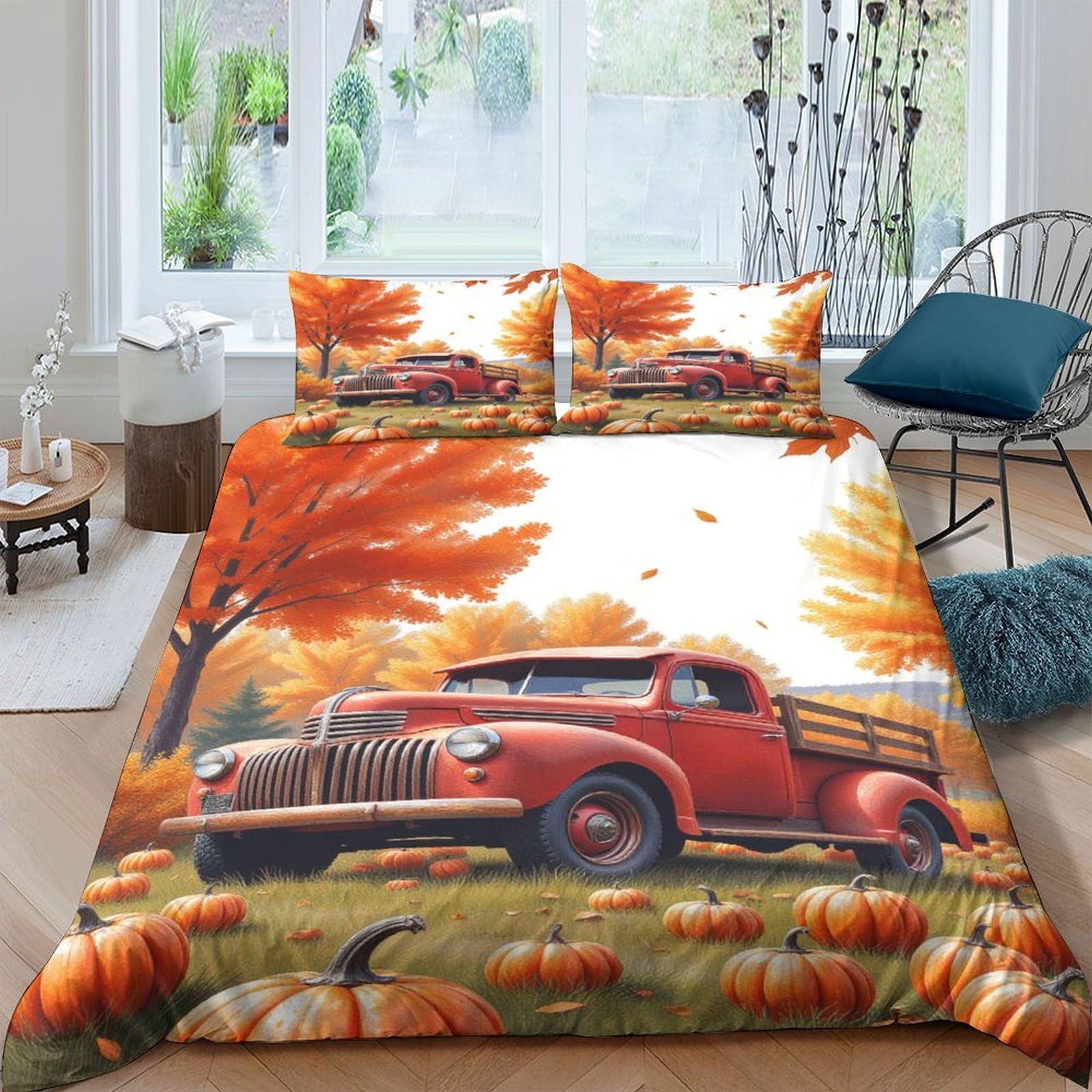 Ctjqhvkz Style-6 3D Printed Autumn Vintage Truck Fitted Sheet Microfiber Soft Orange Pumpkin Bed Cover For Bedroom Guestroom Decor Single（135X200cm）