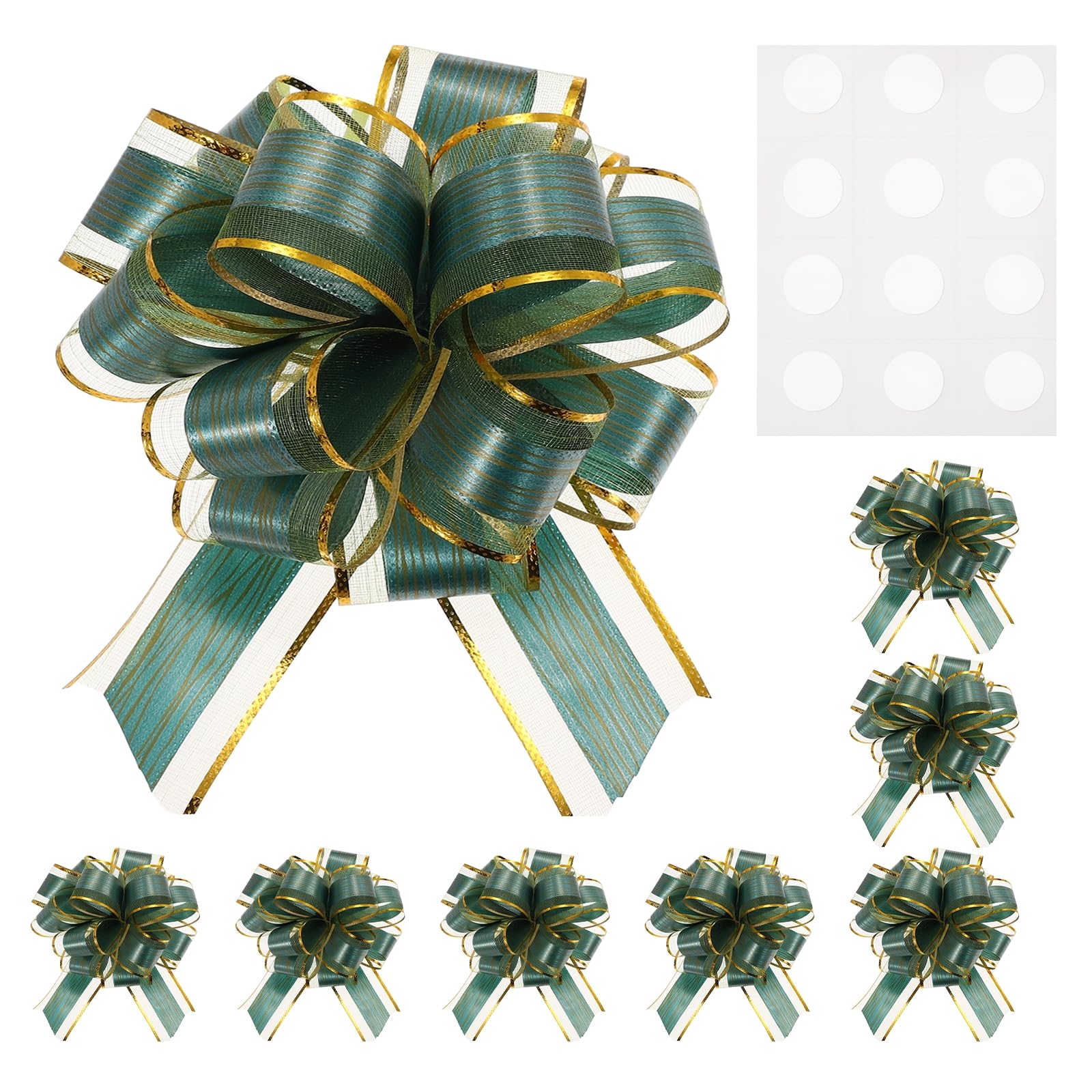M METERXITY 8-Pack Large Pull Bow for Gift Wrapping, 8.7" x 6.7" Reusable Organza Wood Grain Ribbon Bows with 12 Self-Adhesive Dots for Party/Birthday Decoration[Dark Green]