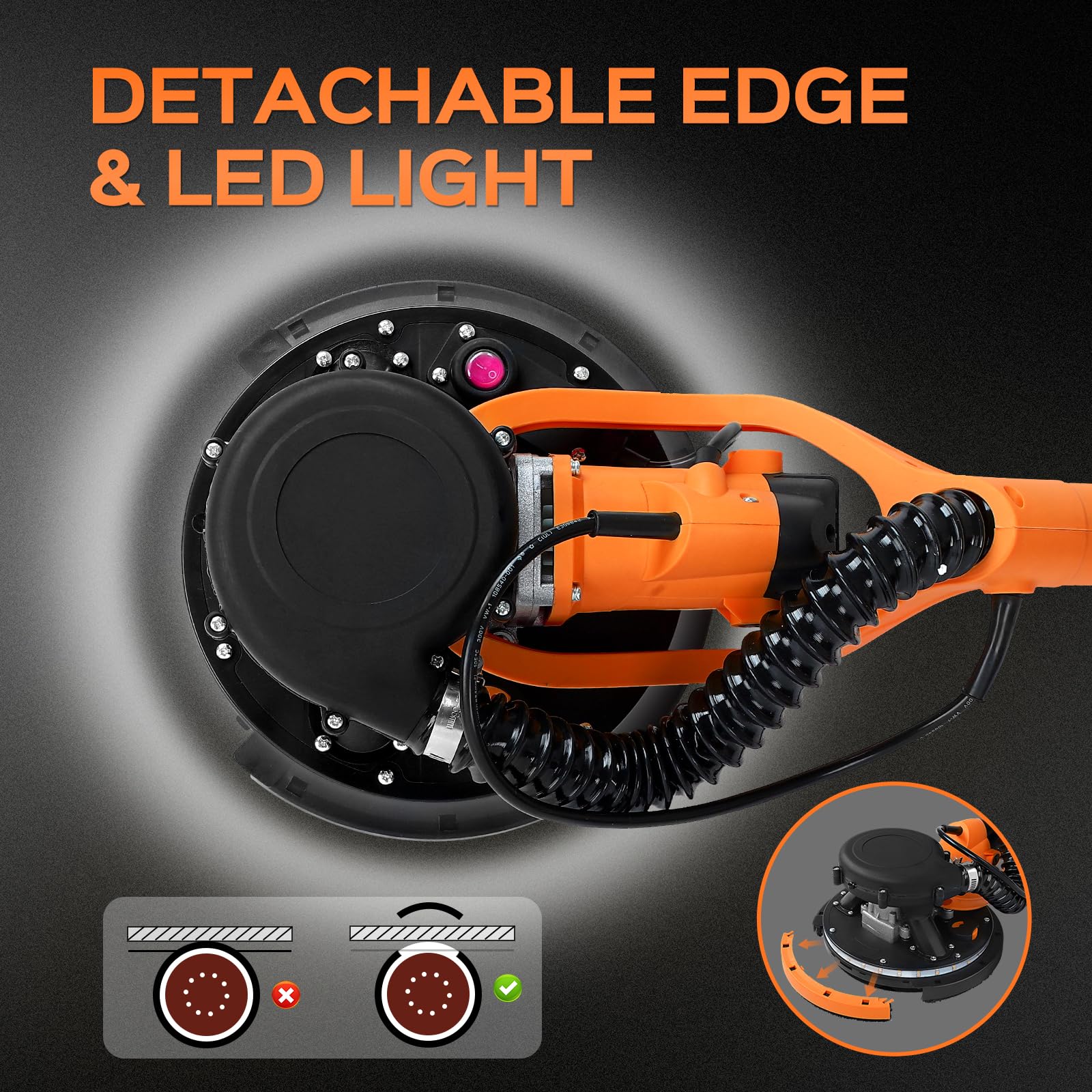 Herramienta de eliminación de techo de palomitas de maíz de 8,5 amperios con 7 velocidades variables 800-1800 rpm, lijadora eléctrica de paneles de yeso con mango extensible, luz LED, 6