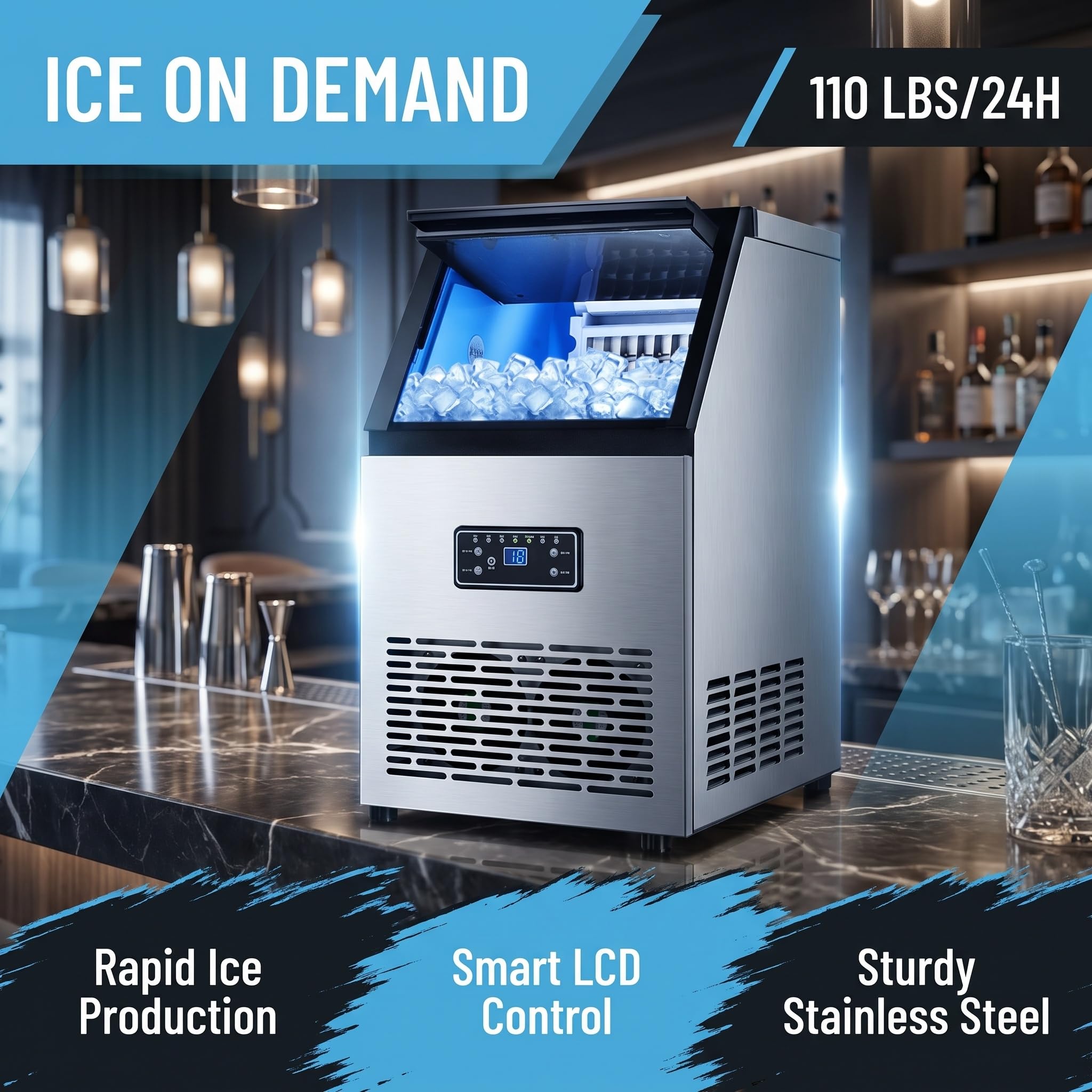 Produttore di Ghiaccio Commerciale 110Lbs/24h, stoccaggio 25Lb, Macchina del cubo del Piano di Lavoro di autopulizia per Il Ristorante del Bar dell'ufficio Domestico