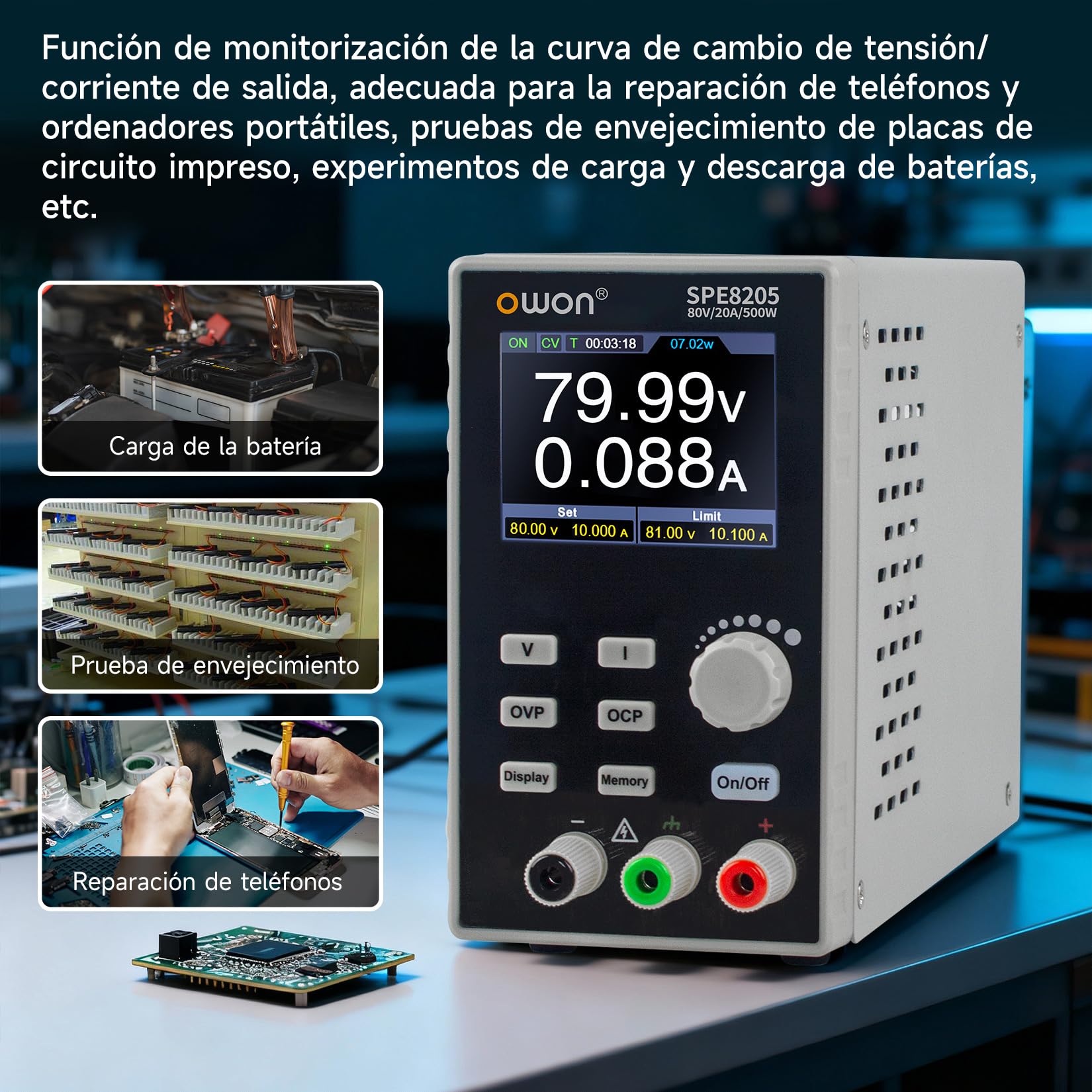 OWON SPE8205 500W Fuente de alimentación DC programable con USB SCPI, 80V/20A, Alta precisión y bajo Ruido, con edición de Formas de Onda para Uso Industrial y de Laboratorio
