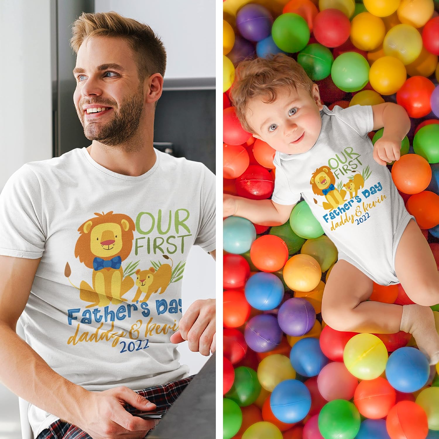 Our First Fathers Day, Personalized Father Son Matching Outfits with Name | 10 Designs | Our First Fathers Day, Dad and Baby Matching Outfit White
