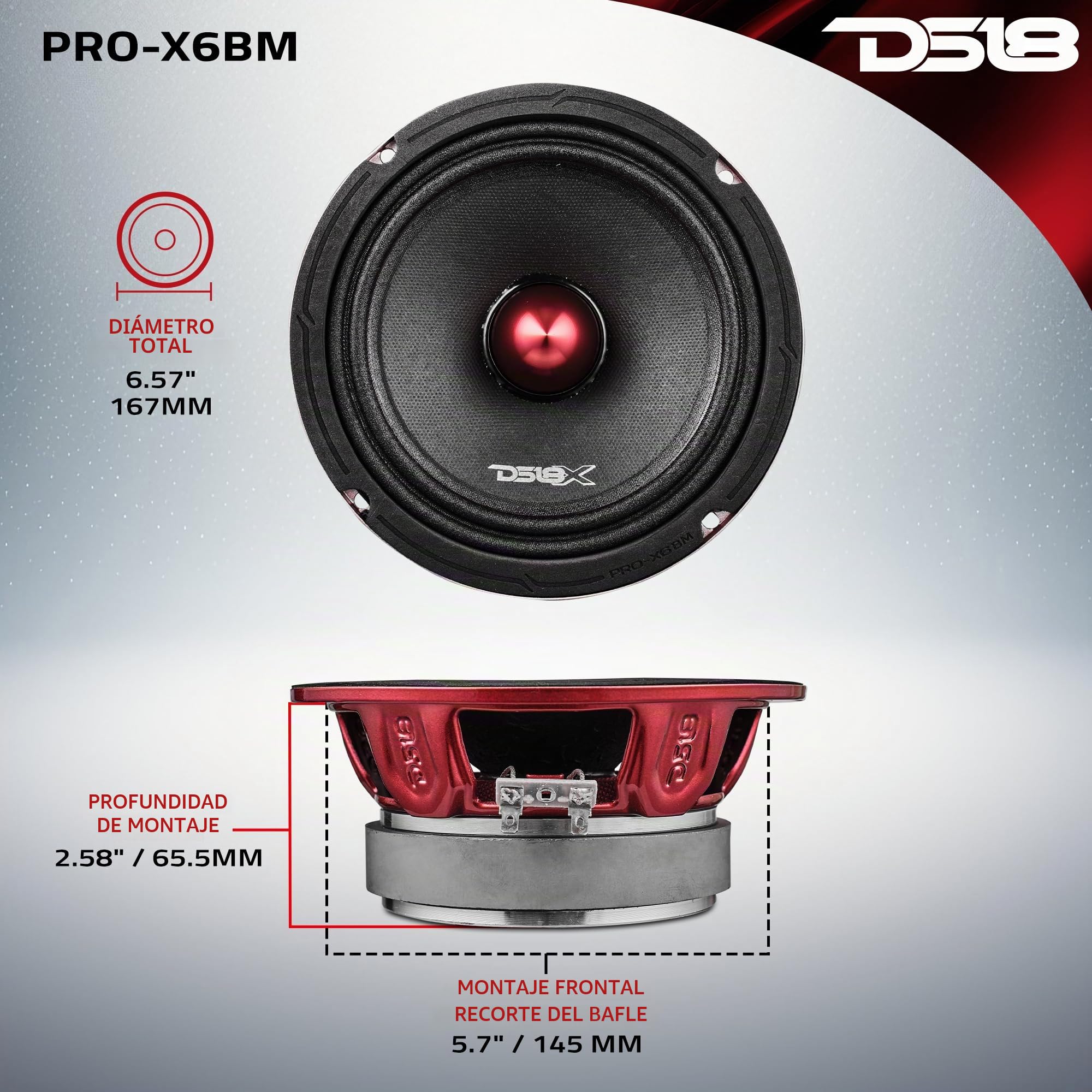 DS18 pro-x6bm Pro Serie (16,5 cm Medios Altavoz 250 Watts RMS, 500 Watts Potencia máxima)