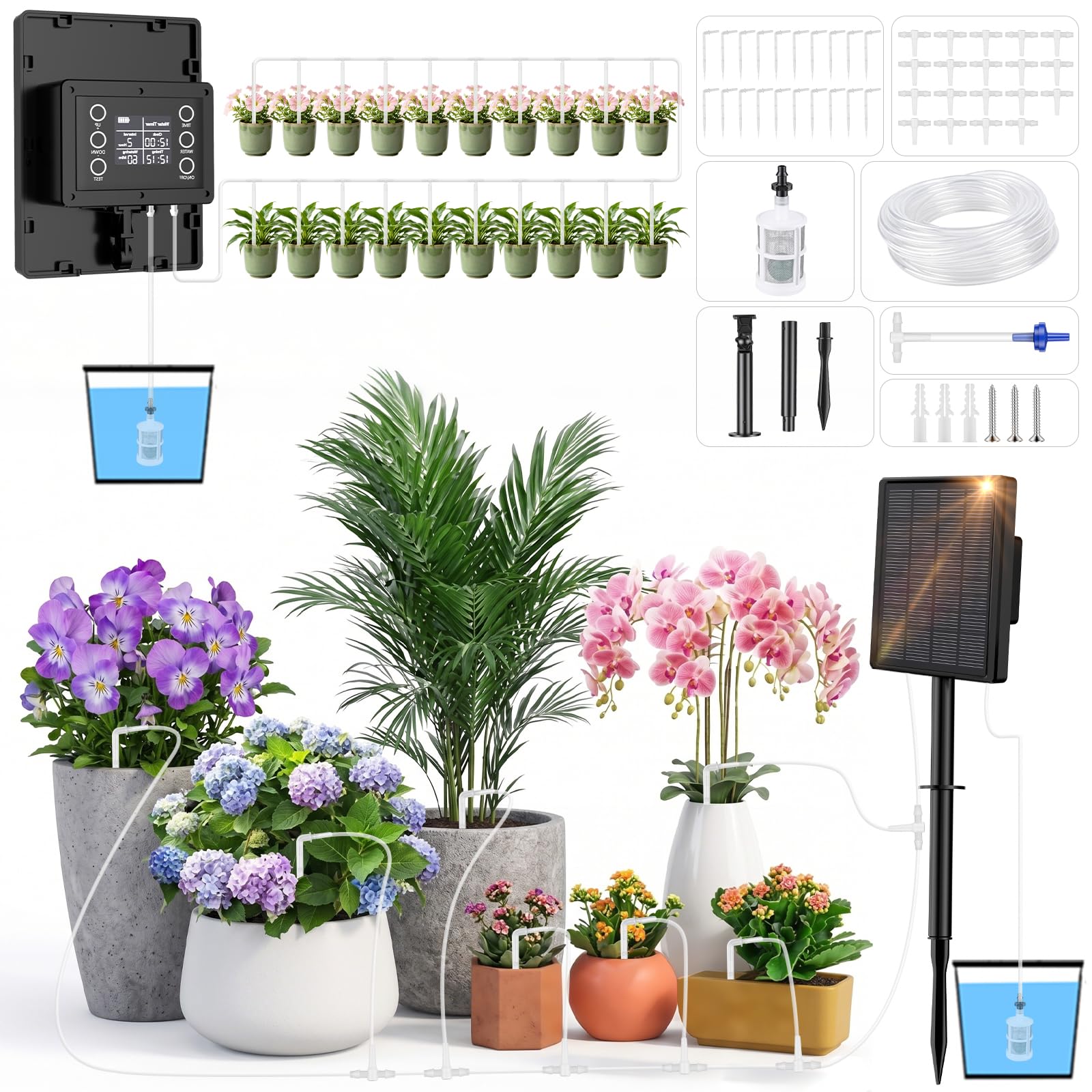 Sistema de Riego Solar para Jardín,Kit de Riego por Goteo con 20 Goteros,2200mAh Nuevo Kit Riego por Goteo para Jardín Vacaciones Terrazas de Balcones Macetas Plantas,con 15m Manguera de Riego
