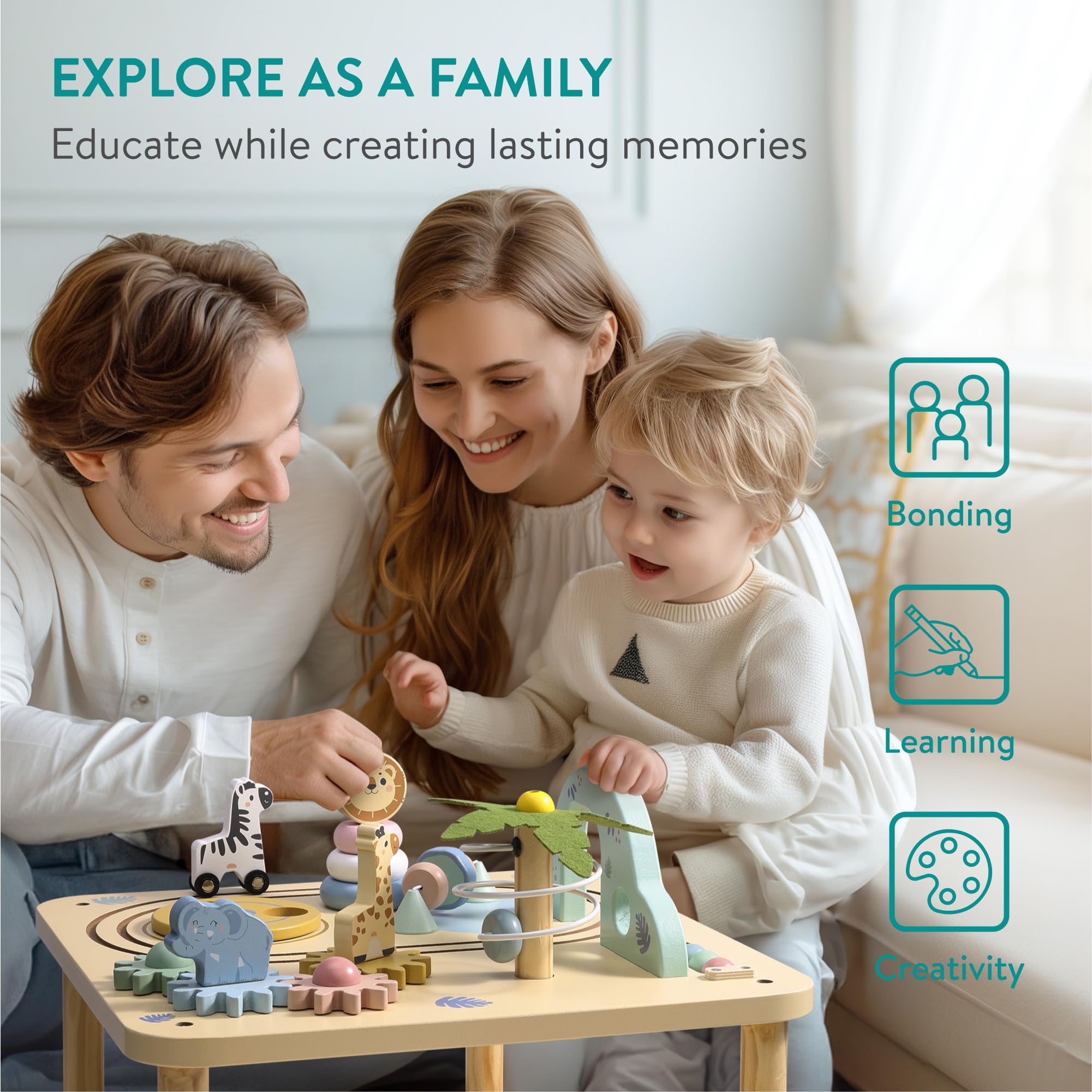 Navaris Table d'Activité en Bois - Espace de Jeu éducatif et Ludique avec Apprentissage Multifonctionnel pour l'Éveil et la Curiosité de Bébé et Enfant