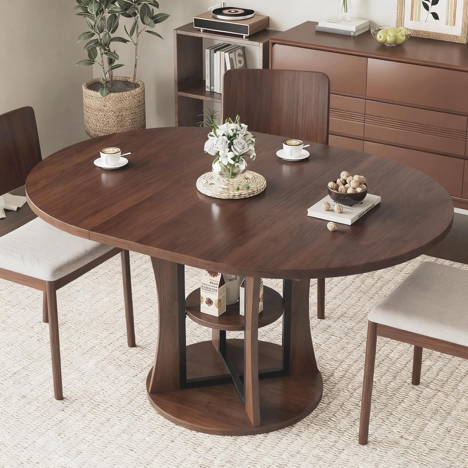 Round Dining Table for 4-8, 43.3in-59in Extendable Kitchen Oval Dining Table with Removable Leaves, Modern Space Saving Kitchen Table with Storage Shelf for Kitchen Living Room, Black