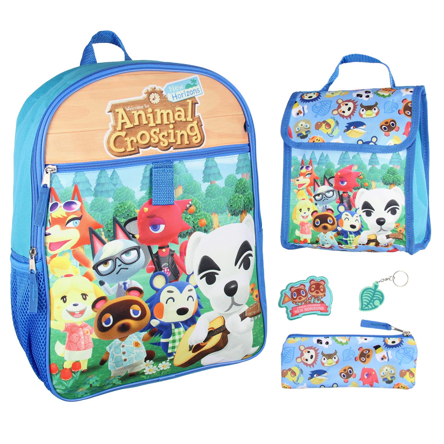 Bioworld Animal Crossing - Mochila con estampado de personajes de 5 piezas, llavero