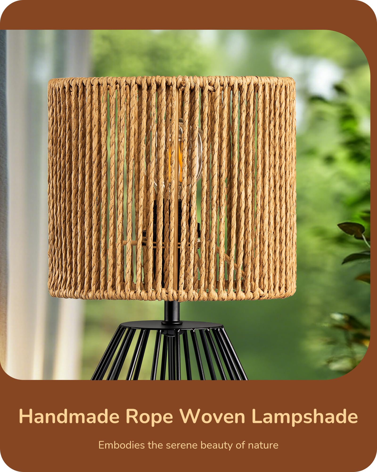 EDISHINE Small Rattan Table Lamp, Industrial Bedside Lamp, Handwoven Lampshade, Boho Lamps for Living Room Bedroom - Image 2