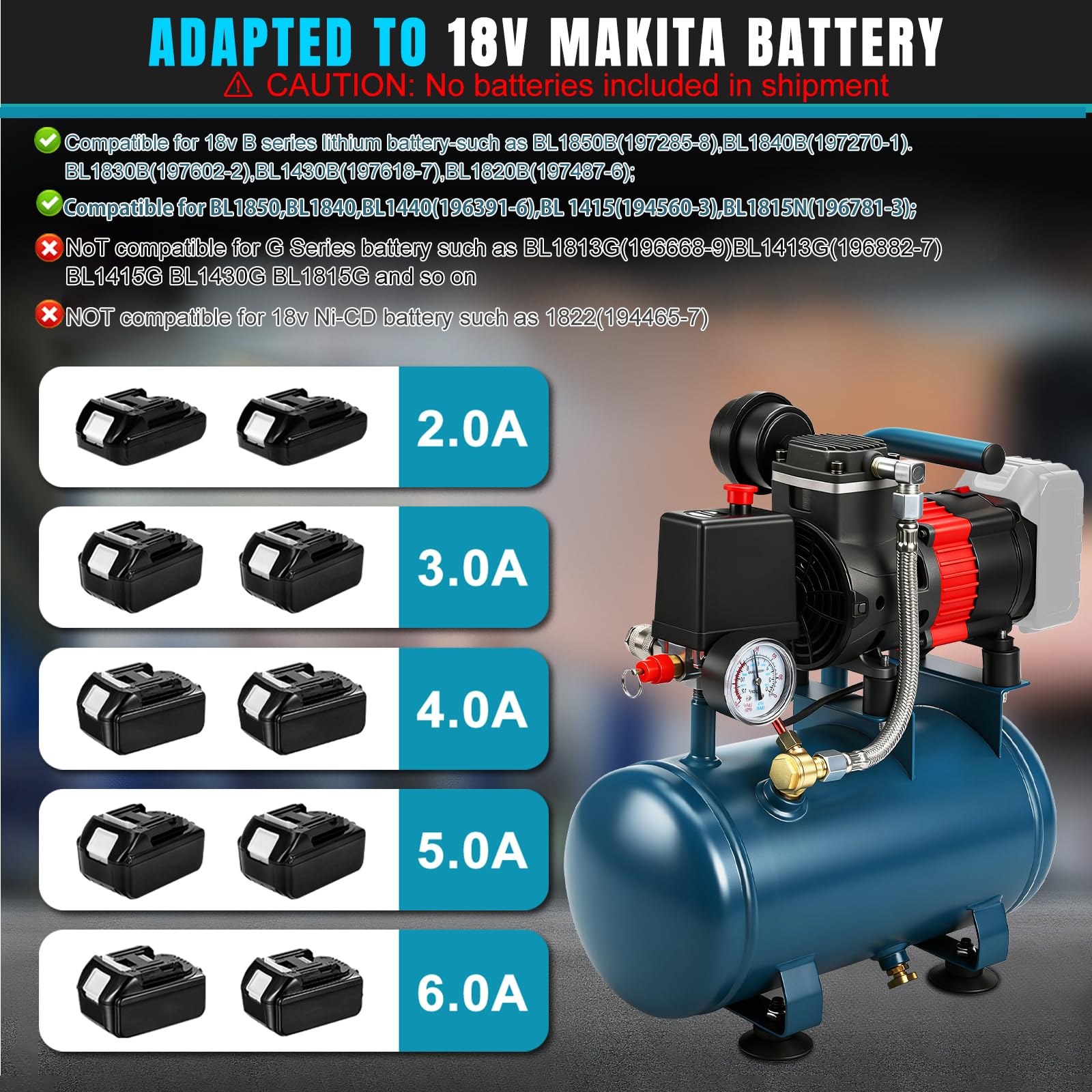 Compresor de aire comprimido para batería Makita de 18 V, compresor de aire portátil de 8 bares de presión de trabajo, capacidad de botella de gas de 6 L, inflado rápido para herramientas neumáticas