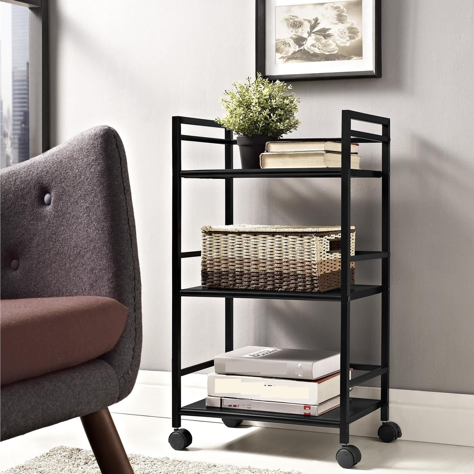 Cocina Carrello multiuso con rotelle in metallo a 3 ripiani, carrello da cucina, tè, , nero Estante de almacenamiento