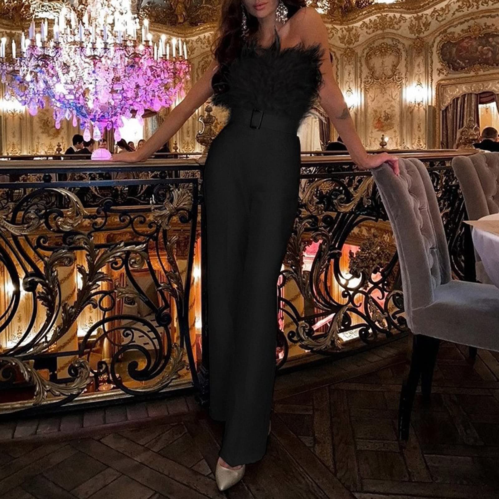 Générique Combinaison Pantalon Femme Bustier Plumes Taille Haute Jambe Large Ceinture Élégante Sexy Chic Soirée Cocktail Club Été Printemps Tenue De Fête Mariage Bal Cérémonie