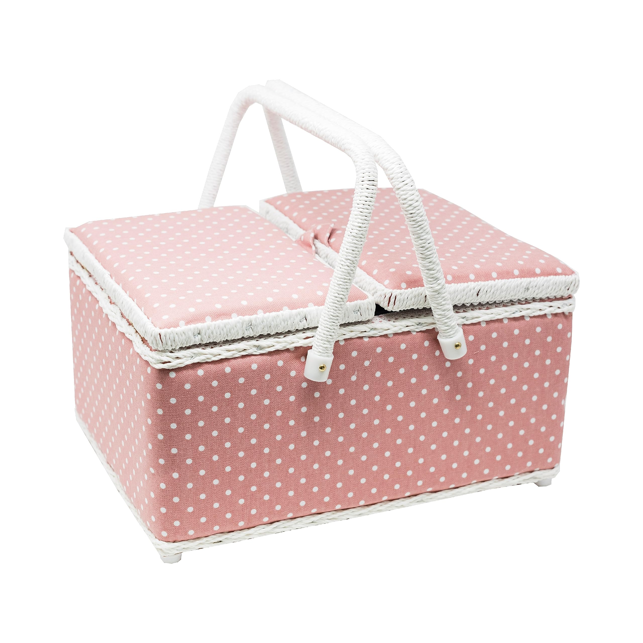 Korbond Sewing Basket - Twin Lid - Pink Polka Dot Design - 17 cm x 24 cm x 31 cm