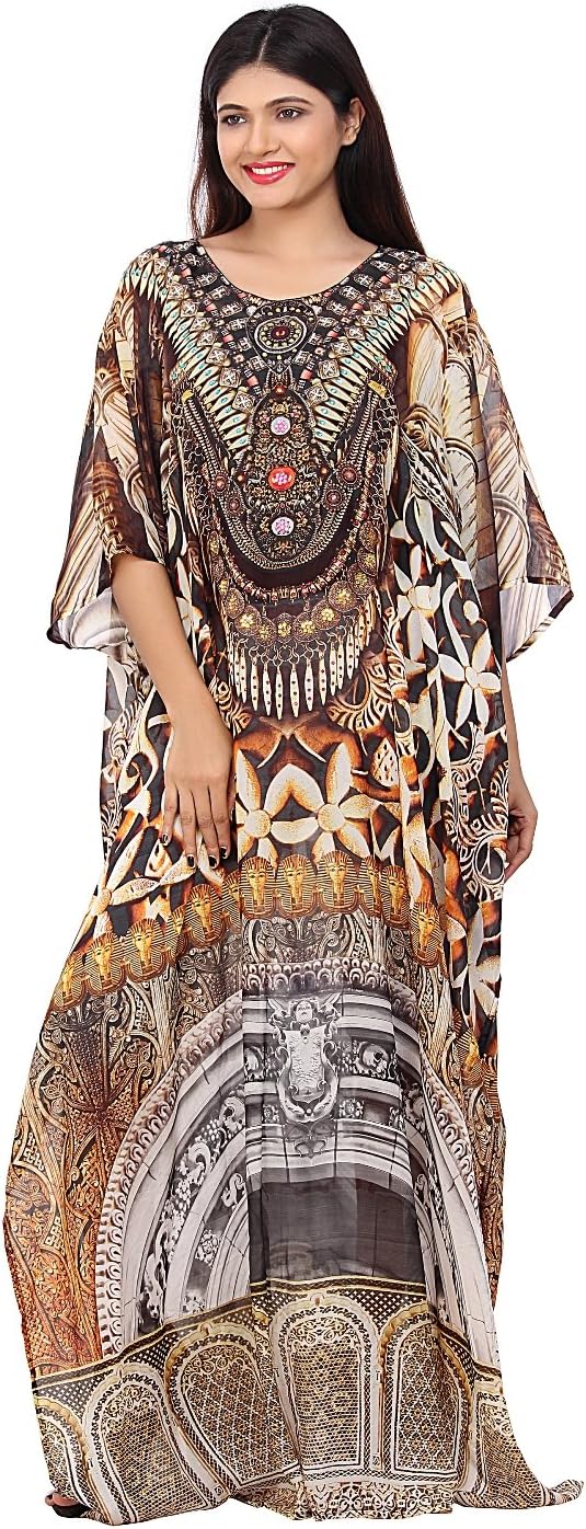 Silk kaftan Embossed Artistic Tribal Geometric Printed Maxi with Embroidered Beaded Round Neck 185