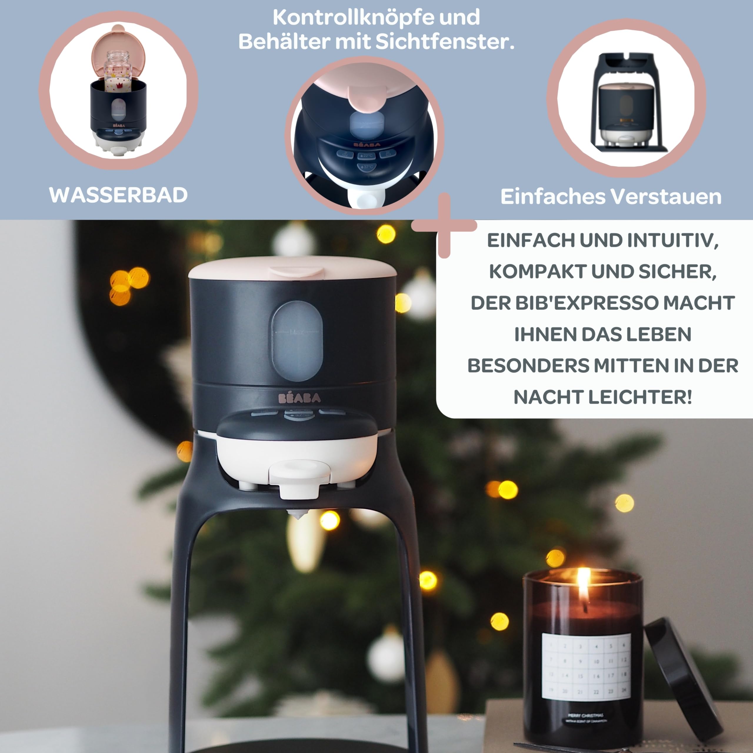 BÉABA, Flaschenbereiter/Wärmer Kleine Töpfe, Wasserspender mit exakter Temperatur, sofort, schnell, Bain Marie-Funktion, 2 Temperaturen, abnehmbarer Flaschenwärmer, Bib'Espresso, Dunkelblau