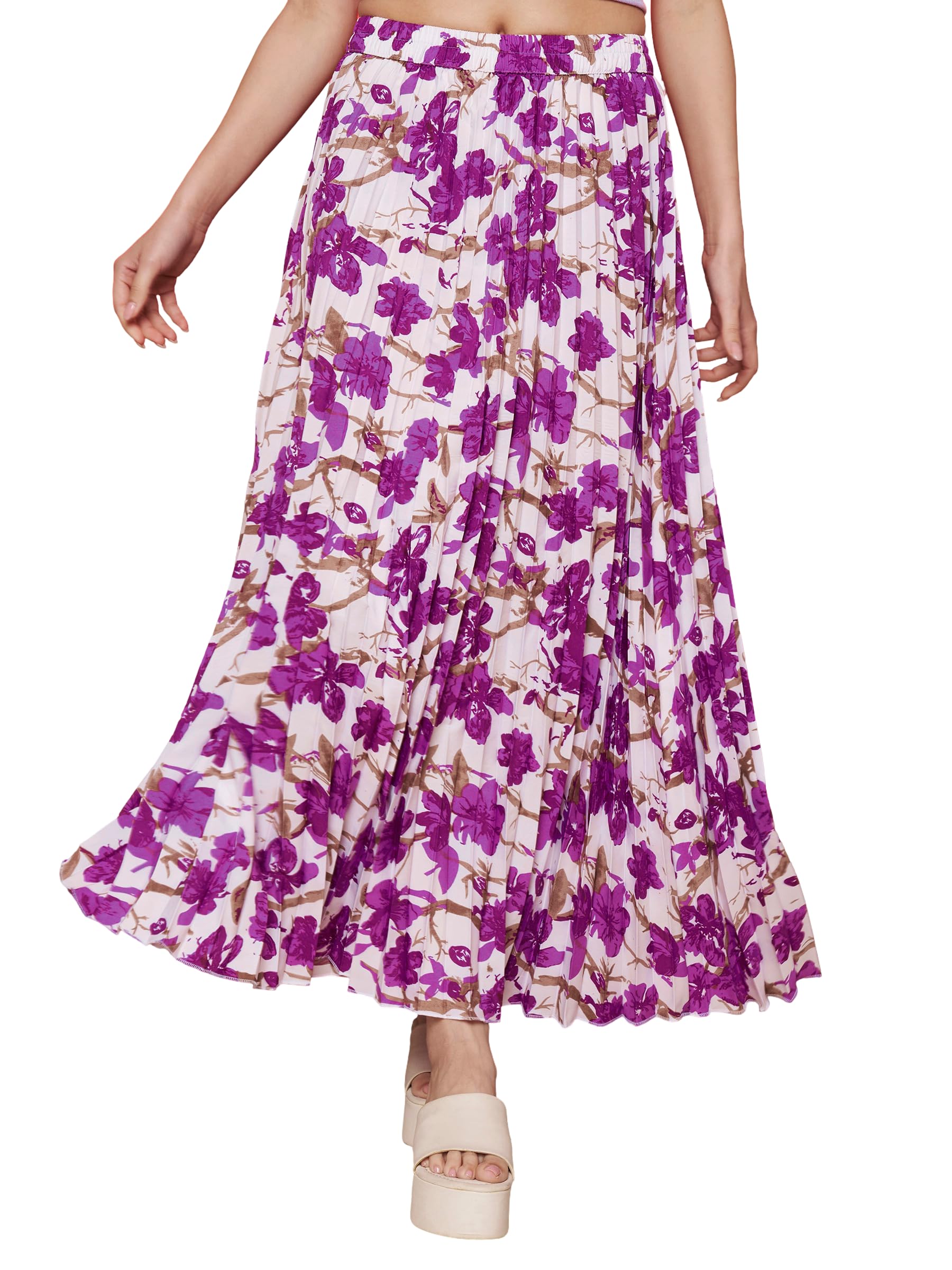 otabu | Skirt for Women | Floral Pleated Maxi | Cotton Flowing Summer Style | Elastic Waist Comfort-picture-2