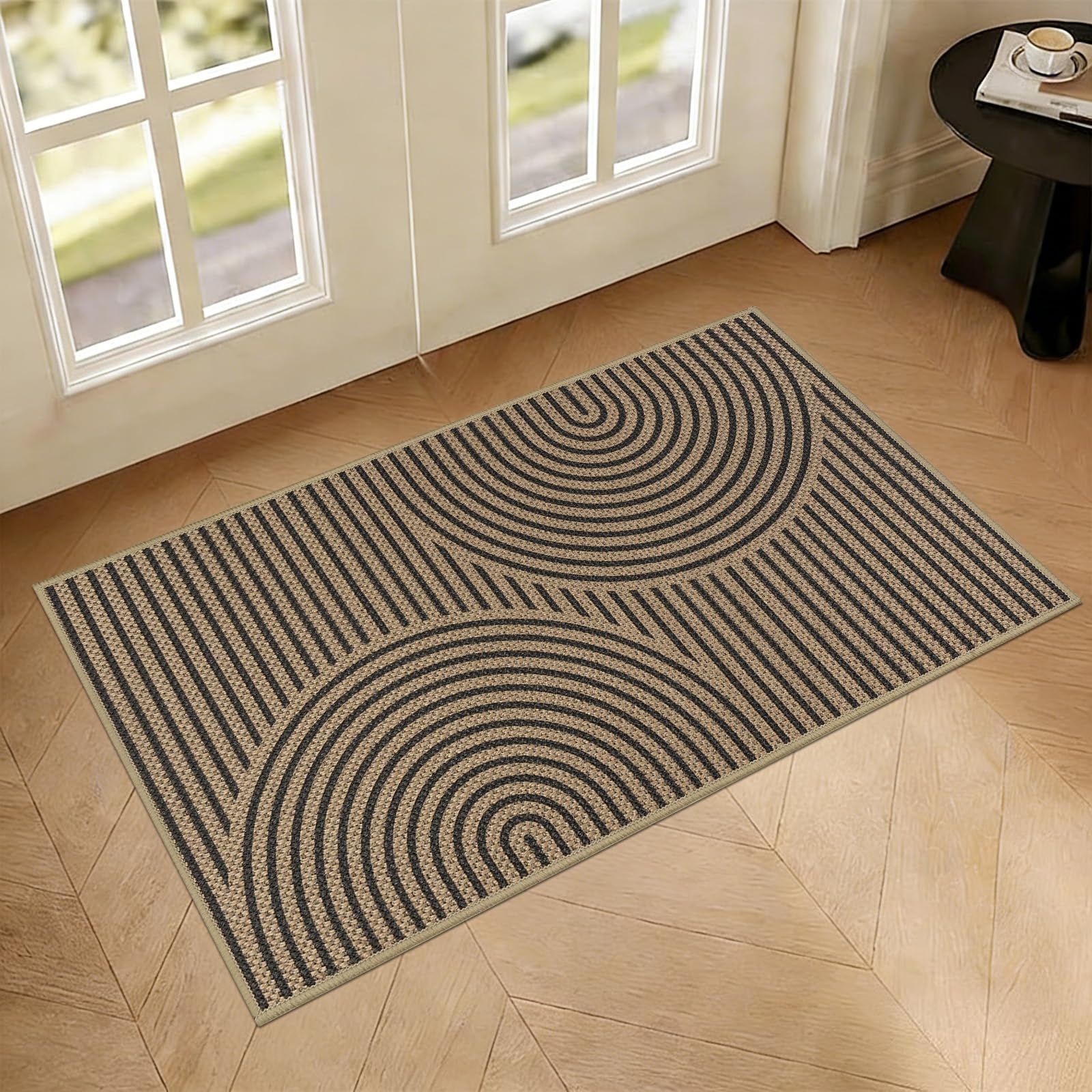 Homcomodar Non Slip Front Door Mat Inside 43 x 75 cm Geometric Lines Low Profile Doormats Washable Door Mats Indoor Dirt Trapper Absorbent Doormat for Entrance Kitchen Bedroom, Brown — image 1
