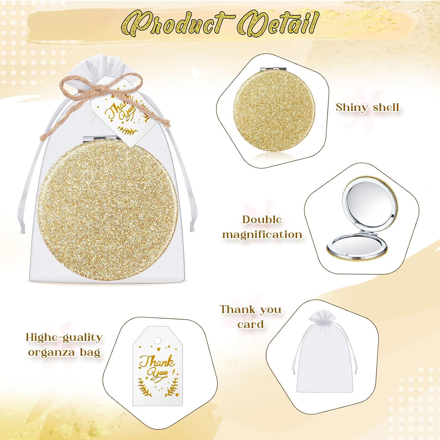 Chunful 12 Sets Compact Magnifying Mirrors Gifts with Thank You Card and Rope Quinceanera Party Favors for Guests Bridal Shower Wedding Souvenir Bridesmaids Mother's Day(Champagne)