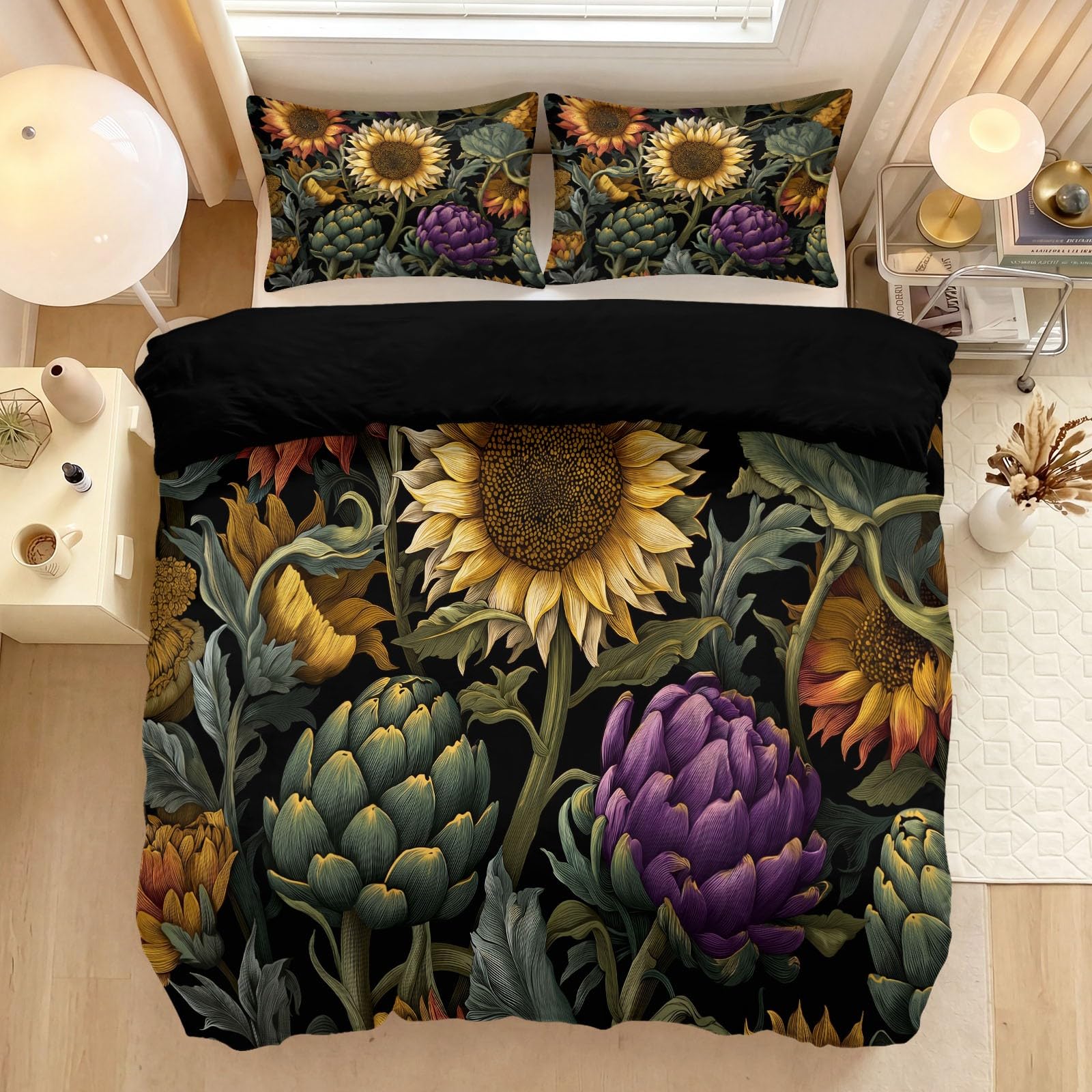 Bettwäsche Doppelbett 3teilig Bettbezug Bettwäsche Set 200x200 cm Floral Pflanze Schwarz Sonnenblume Artischocke Bettbezug Mit 2 KissenbezüGen 80x80 Cm, Mikrofaser Bettbezug Set Mit ReißVerschluss.