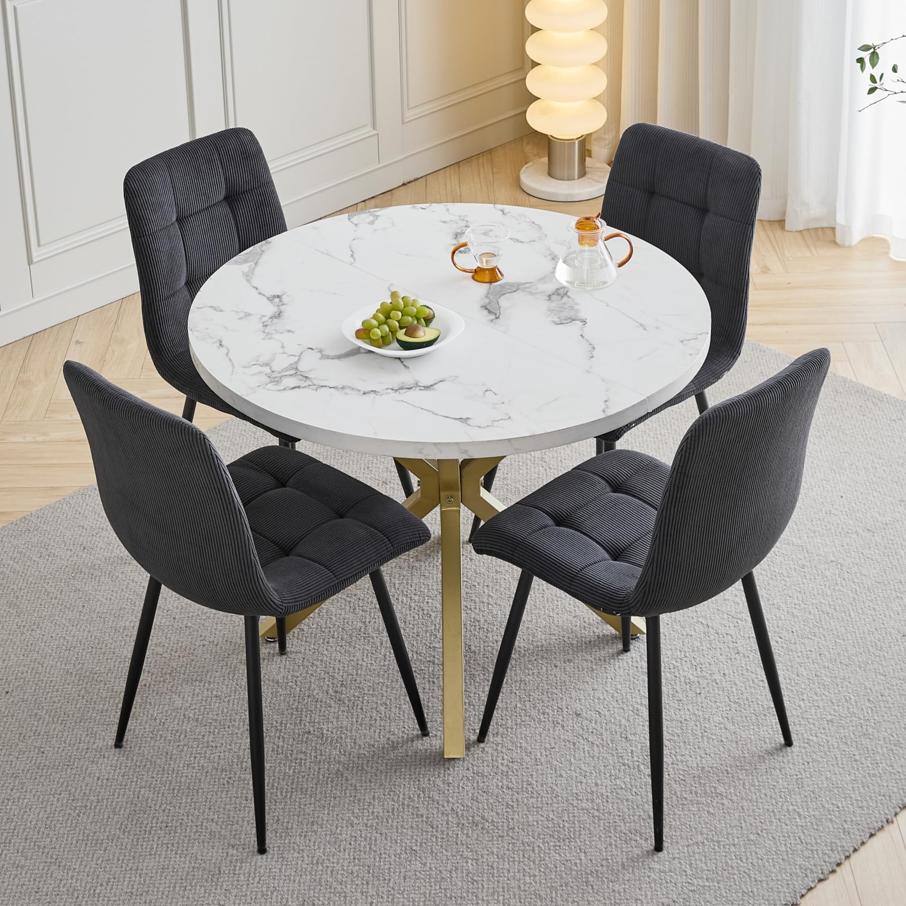 Mesa de Comedor, Mesa de Cocina Redonda, Mesa Redonda Moderna, Tablero de MDF Grueso y Patas de Metal, para Sala de Estar, Comedor, Blanco+Dorado