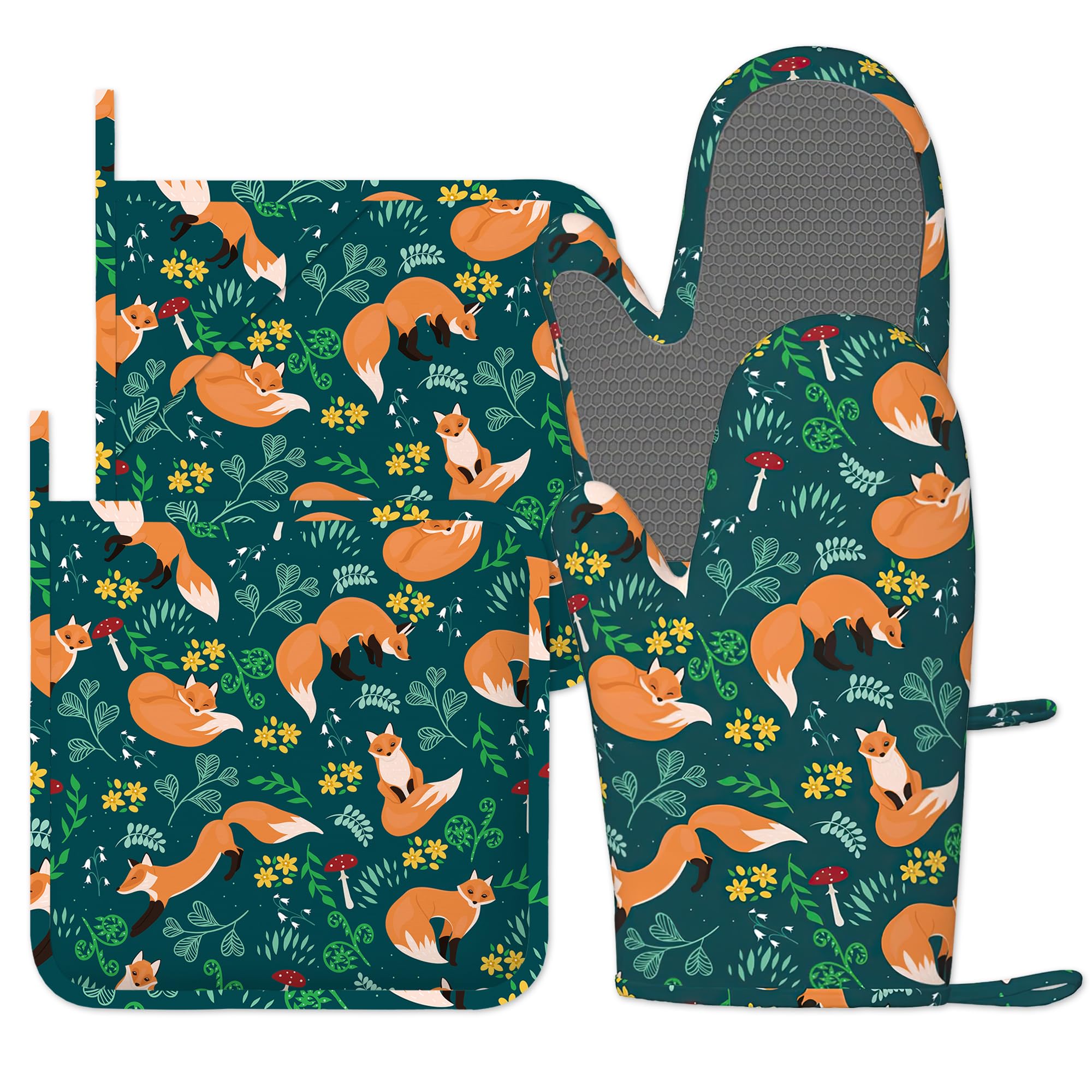 Fox Flower Oven Gloves Silicone Oven Mitts and Pot Holders Sets of 4, Vintage Kitchen Gloves Hot Holders for Kitchen Baking Cooking Housewarming Gifts